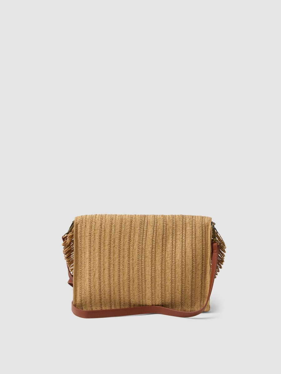 Beige crossbody bag in paper-blend fabric with fringe_1