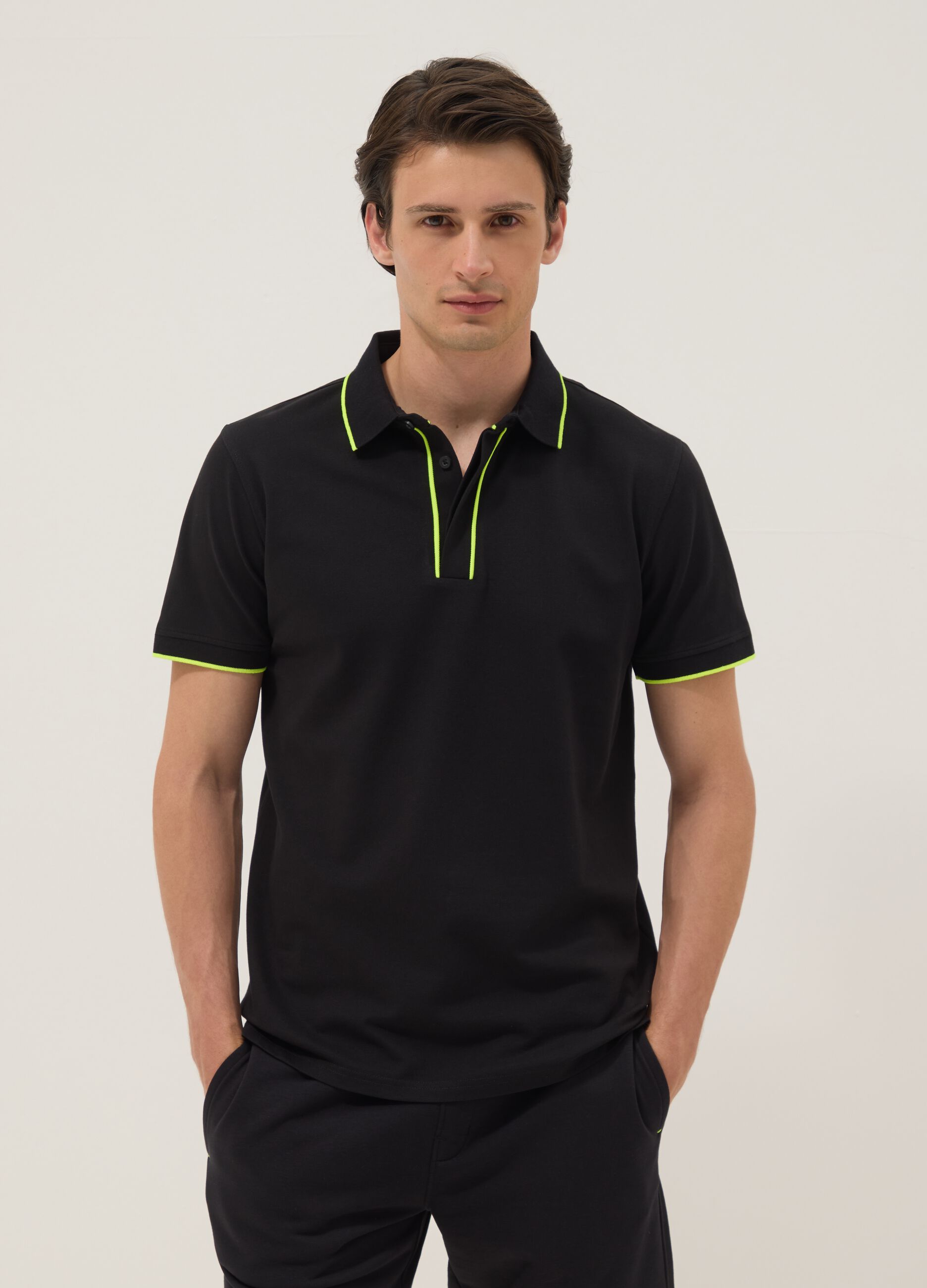 Blue stretch cotton polo with contrast piping