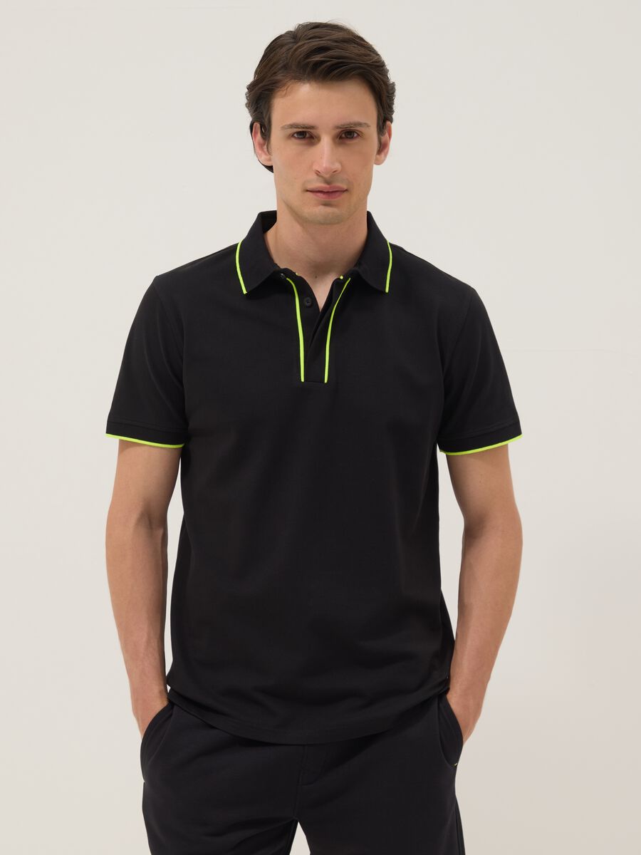 Blue stretch cotton polo with contrast piping_1