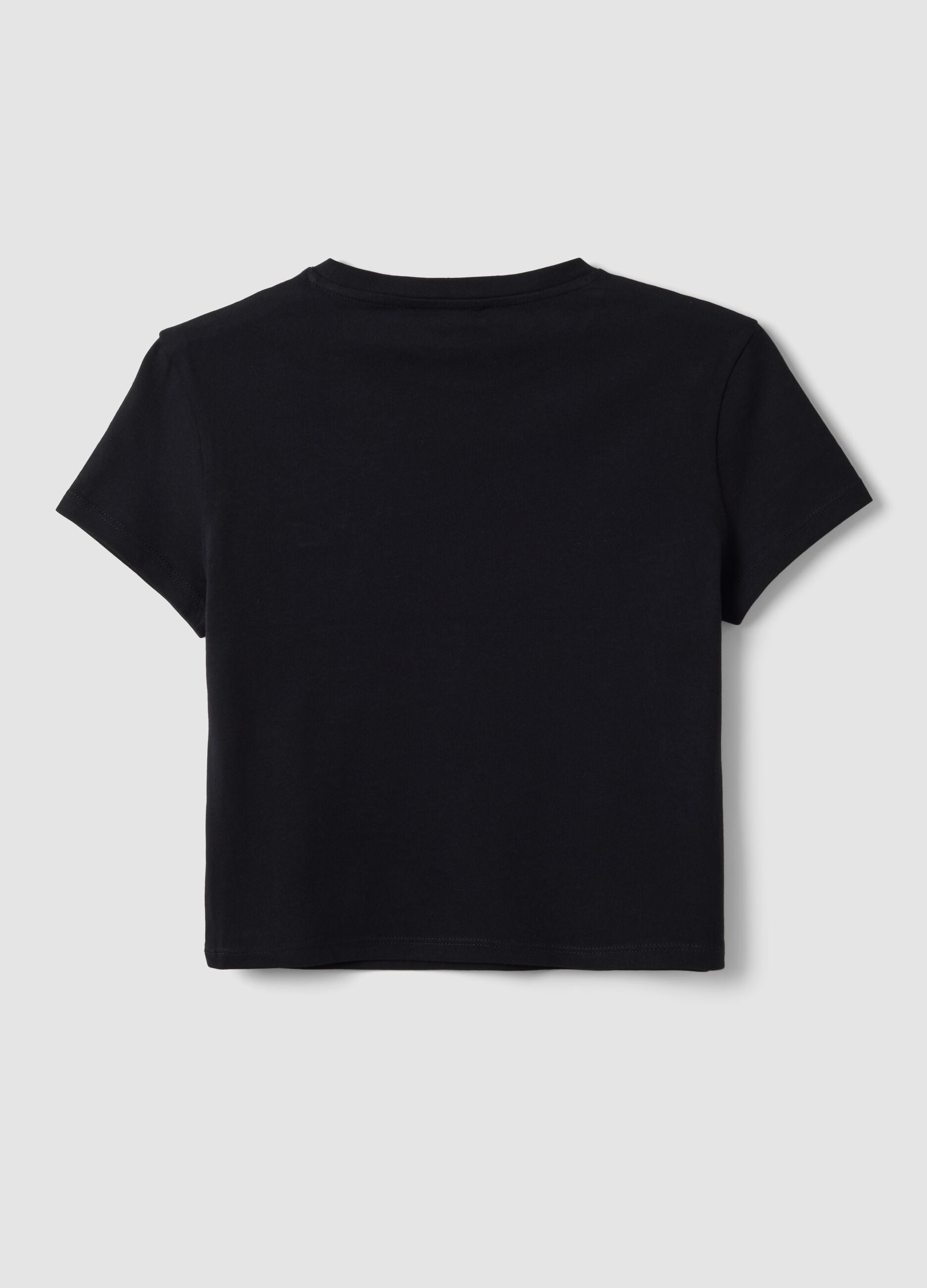 Black pure cotton cropped T-shirt with crew neck and print