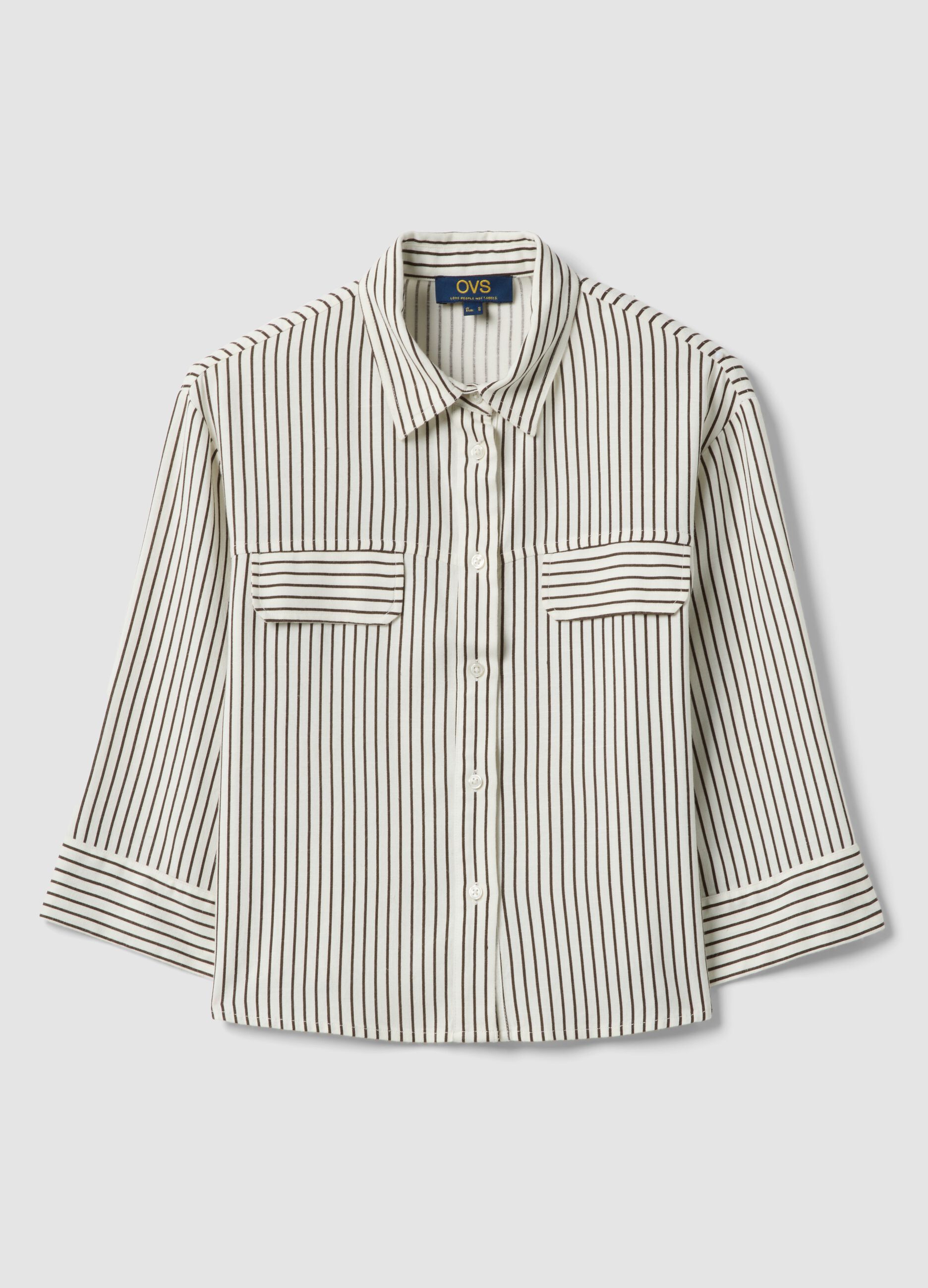 Regular-fit white and brown striped viscose-linen blend shirt