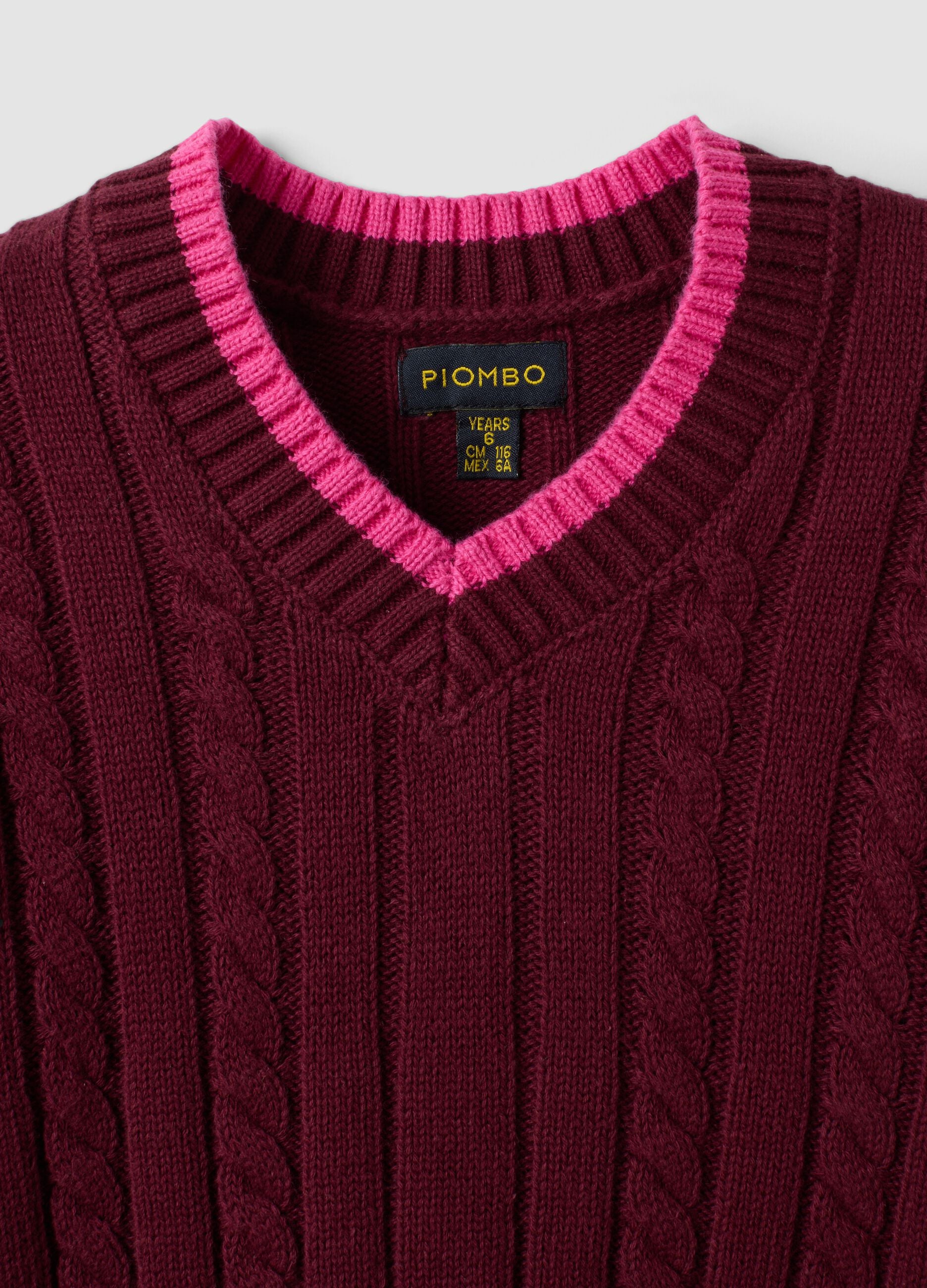 Roter V-Ausschnitt-Pullover aus reiner Baumwolle mit Zopfmuster f&uuml;r M&auml;dchen