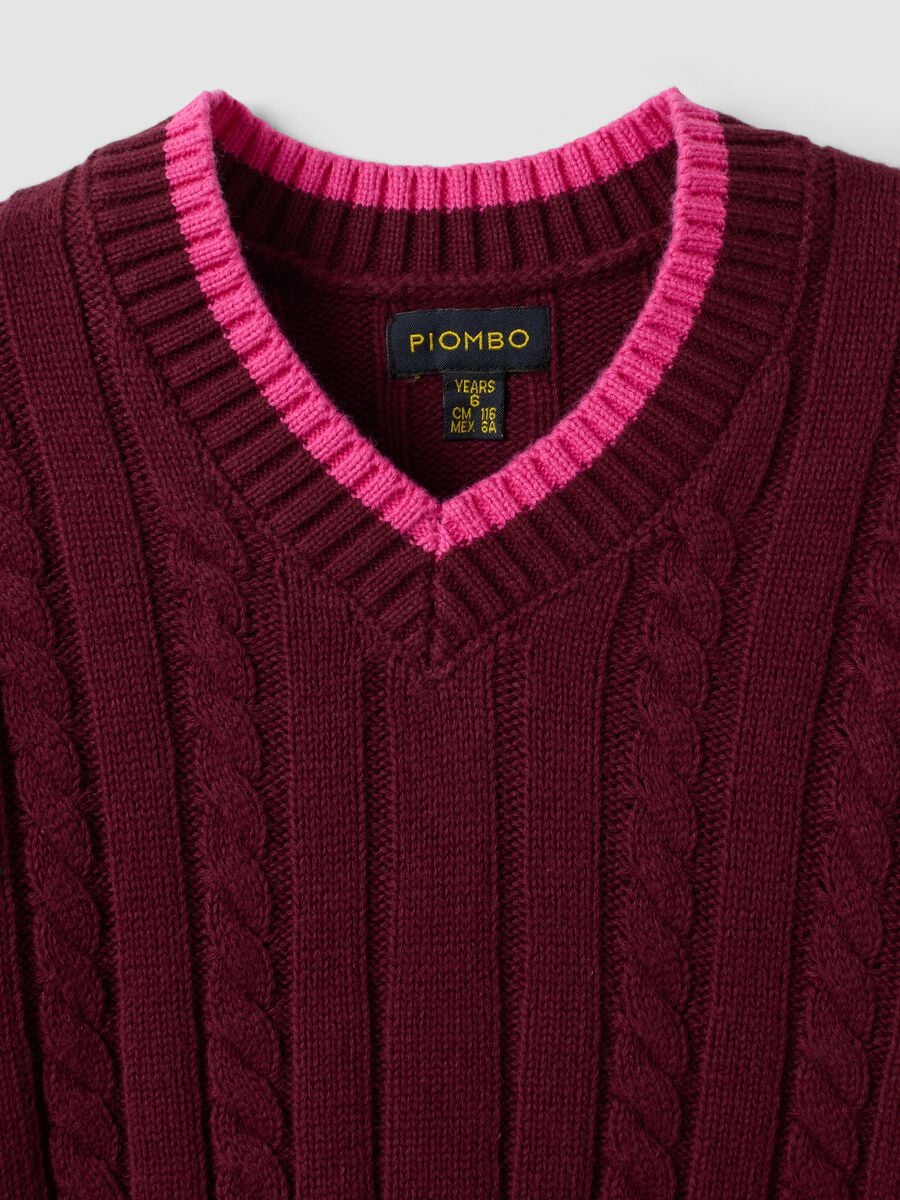 Roter V-Ausschnitt-Pullover aus reiner Baumwolle mit Zopfmuster f&uuml;r M&auml;dchen_2