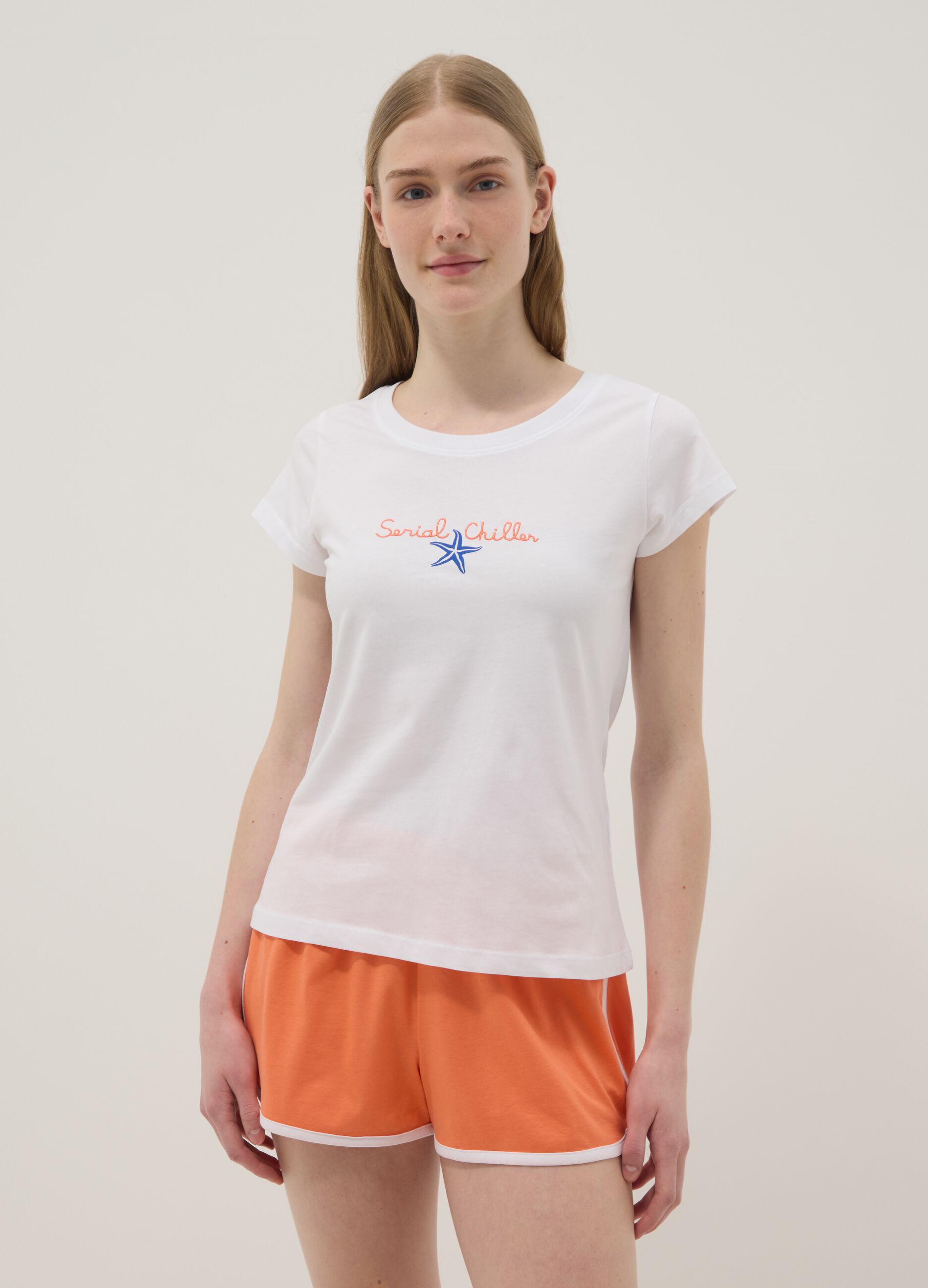 White pure cotton pyjama T-shirt, regular fit with embroidery