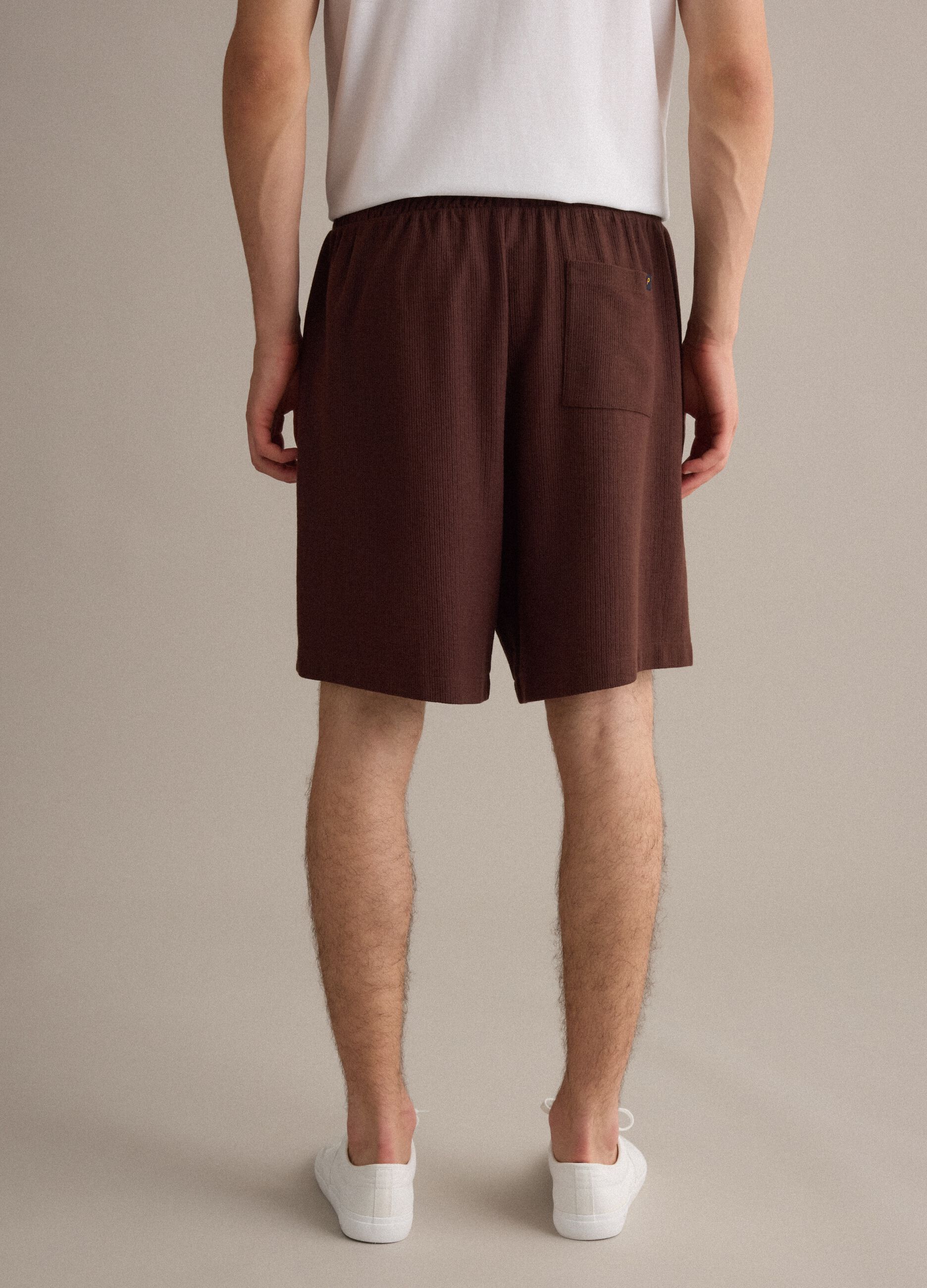 Brown cotton-blend jogger shorts with drawstring, relaxed fit