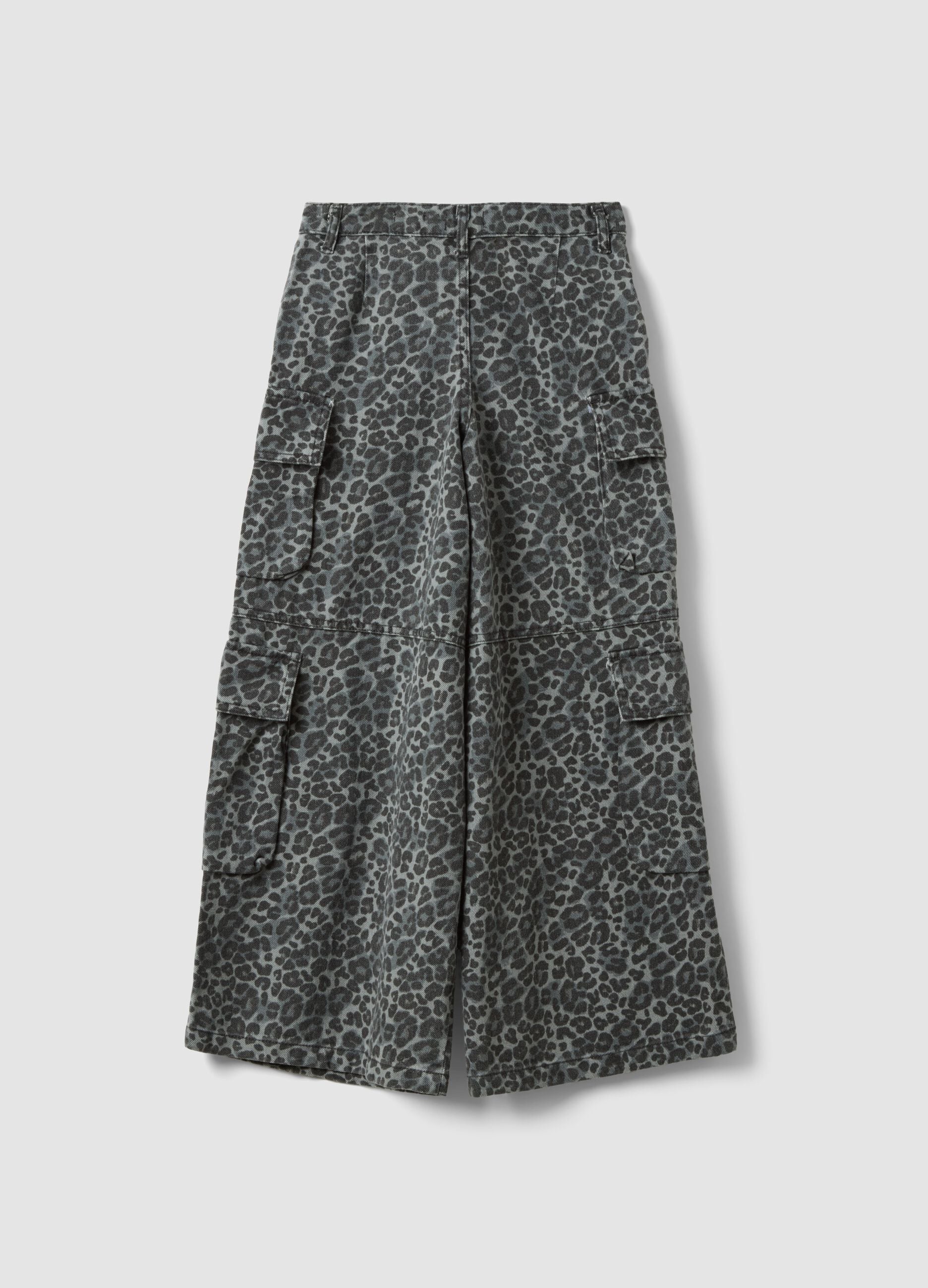 Graue Cargo-Hose aus reiner Baumwolle mit Animal-Print