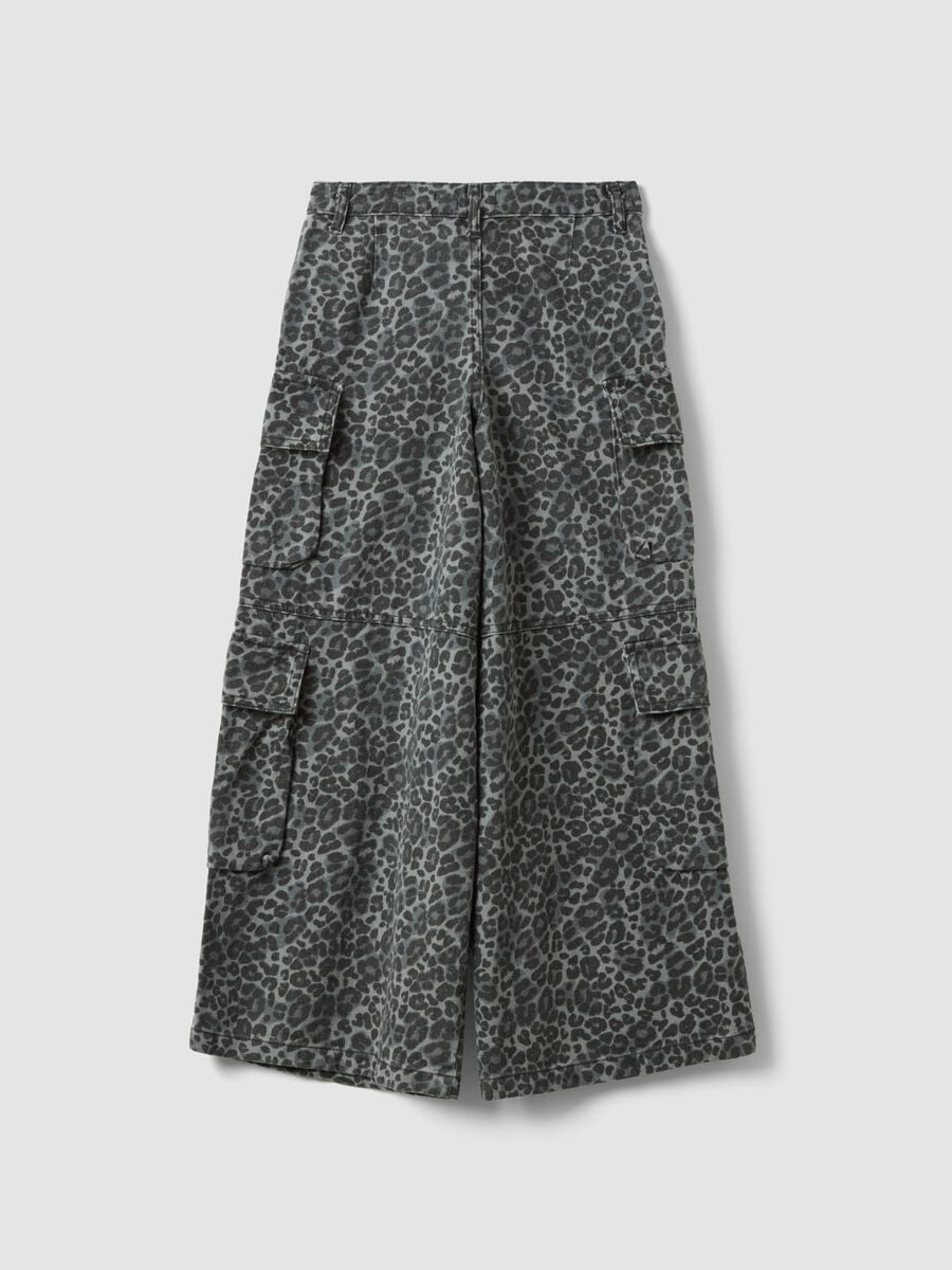 Grey pure cotton cargo trousers with animal print_1