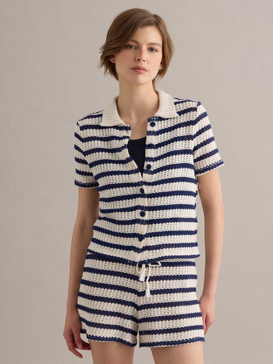 Blue and white striped stretch cotton crochet polo shirt_0