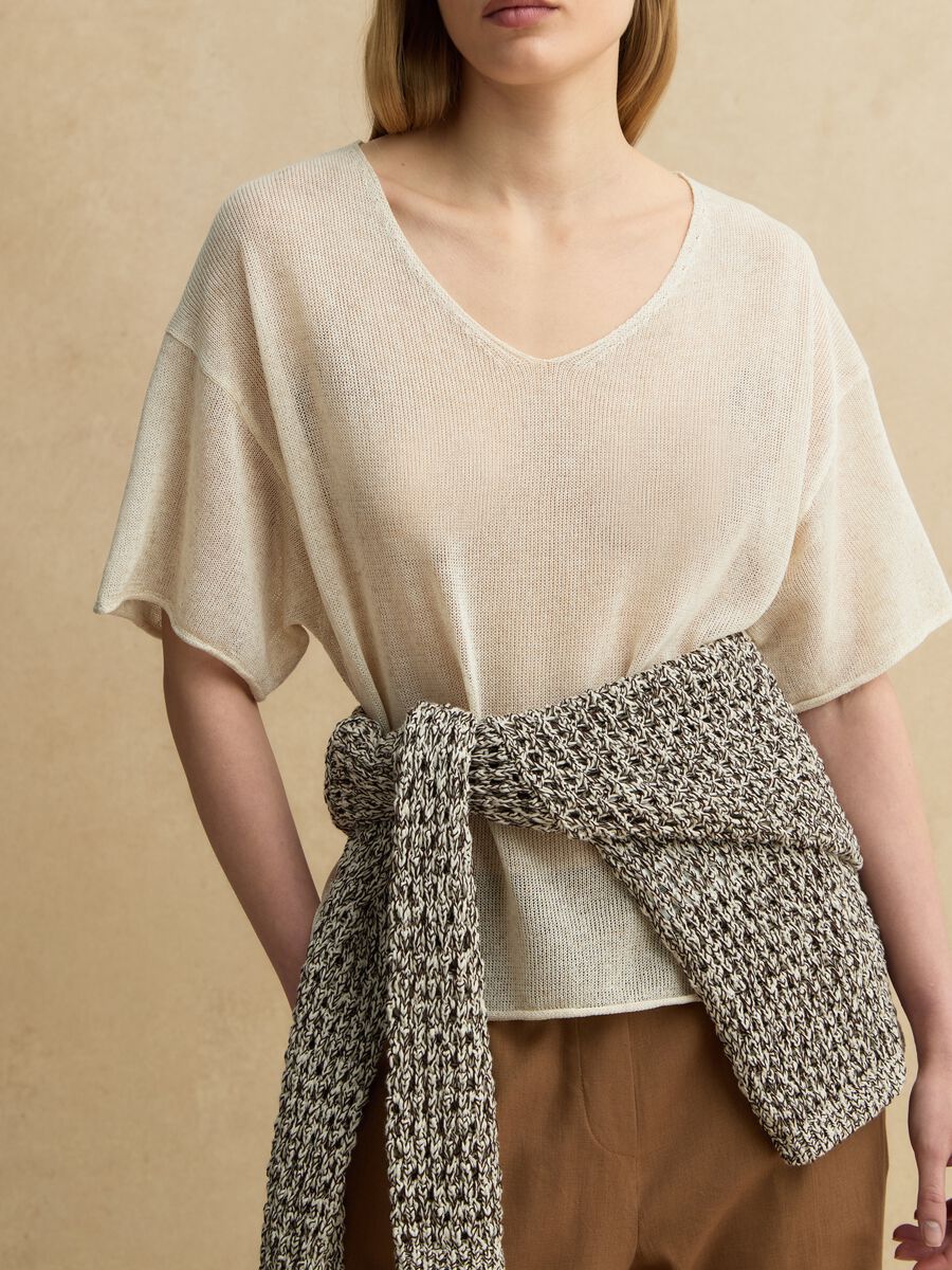 Beigefarbener Oversize-Pullover aus Lyocell-Leinen-Mischung mit V-Ausschnitt_2