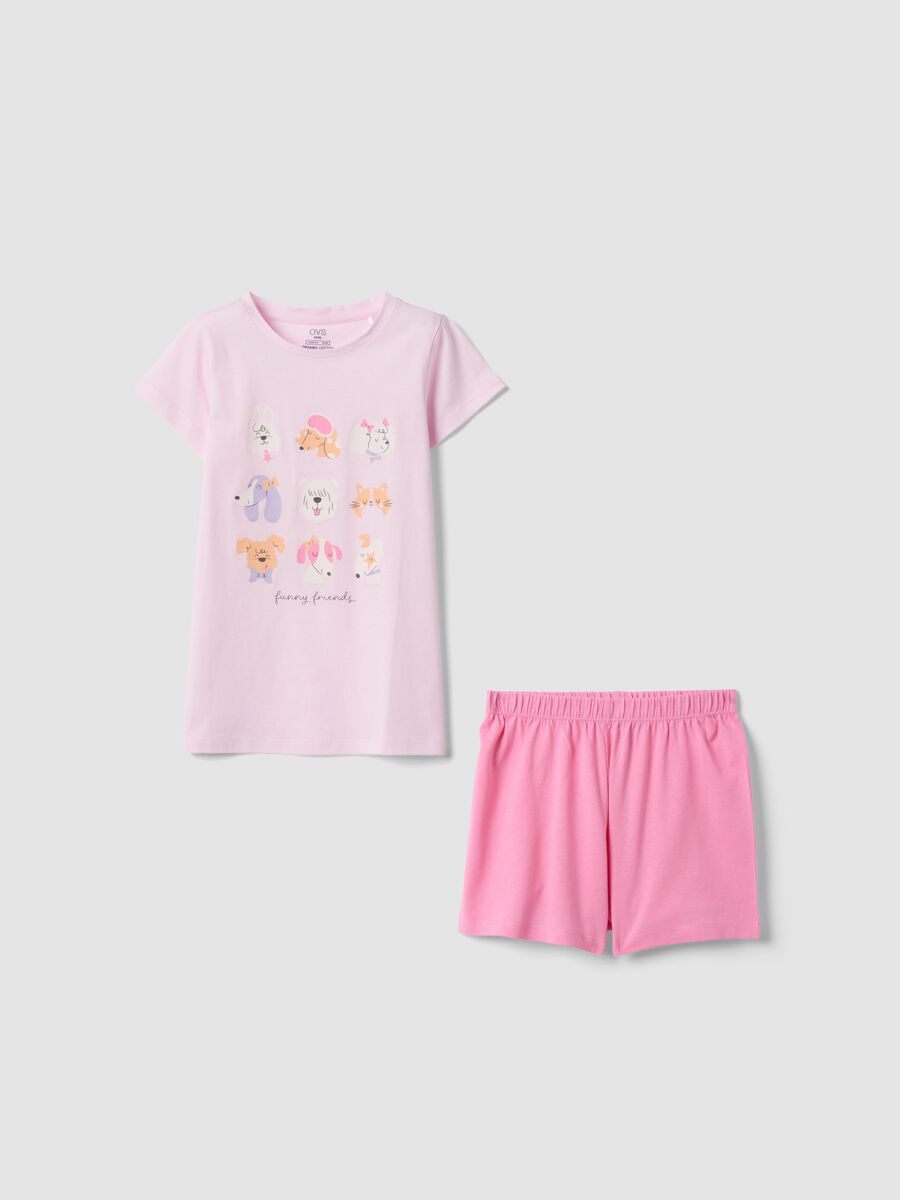 Pink short pyjamas in pure organic cotton for girls with prints_0