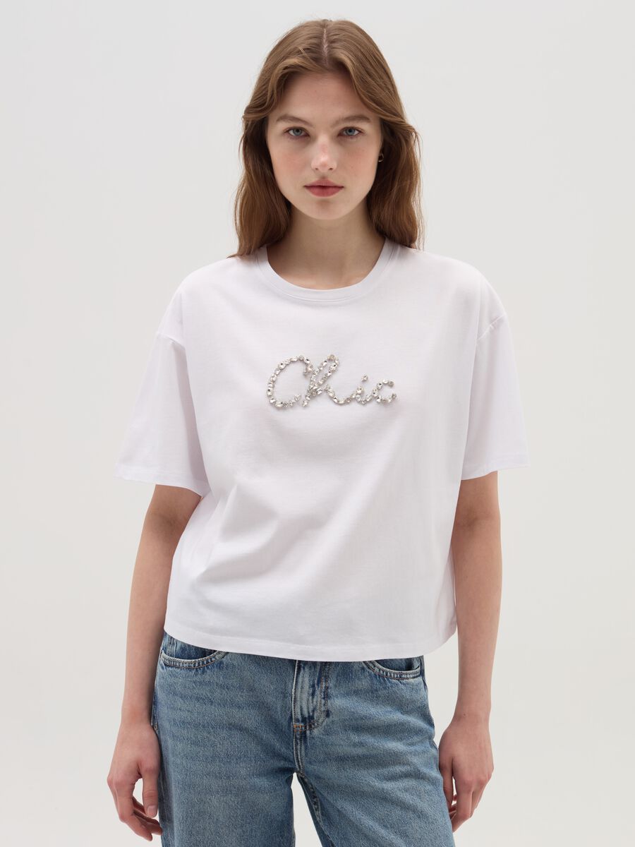 Boxy-fit T-shirt in cotton with gems_0