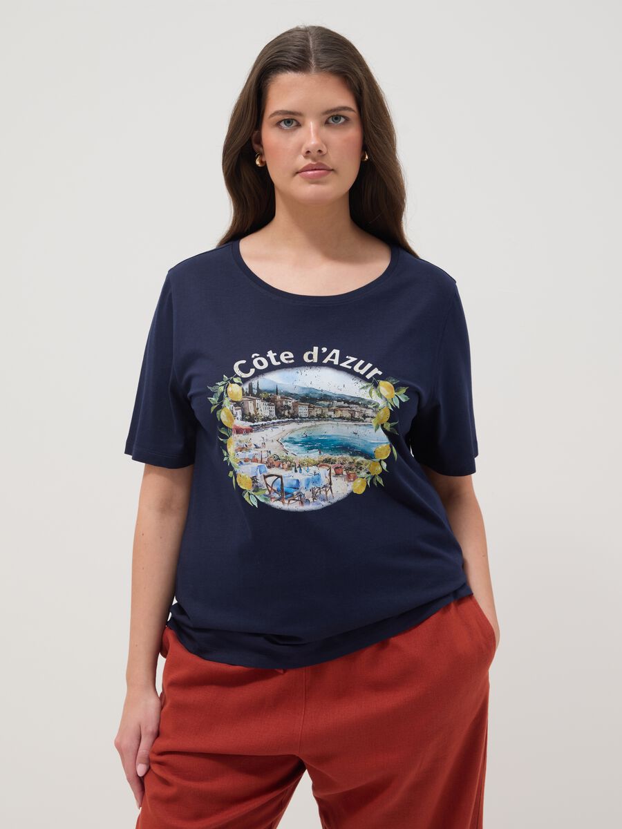 Blaue T-Shirt aus reiner Baumwolle, regul&auml;re Passform mit Druck_1