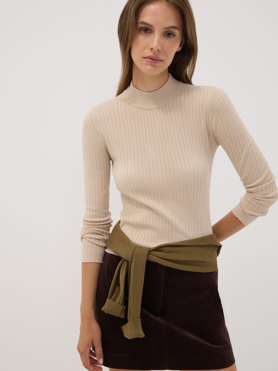 Beige ribbed viscose-blend top with high neck_1