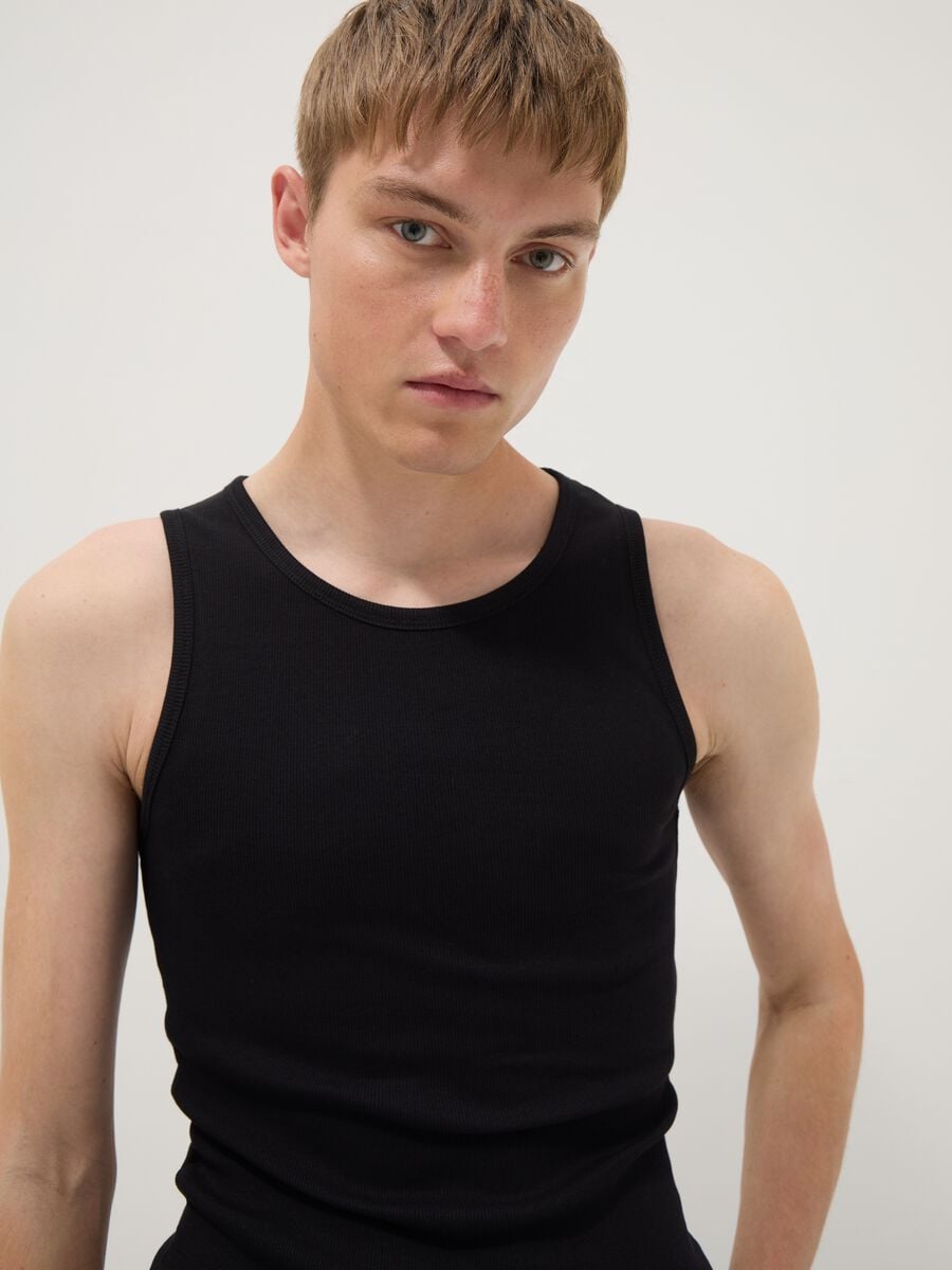 Black ribbed stretch-cotton fitted tank top_2