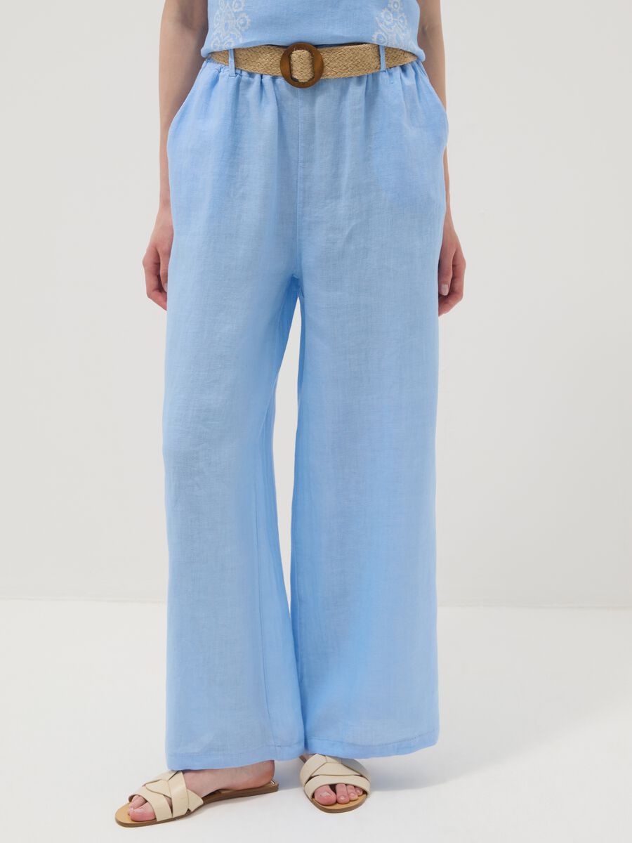 Hellblaue Wide-Leg-Hose aus reinem Leinen mit elastischem Bund_1