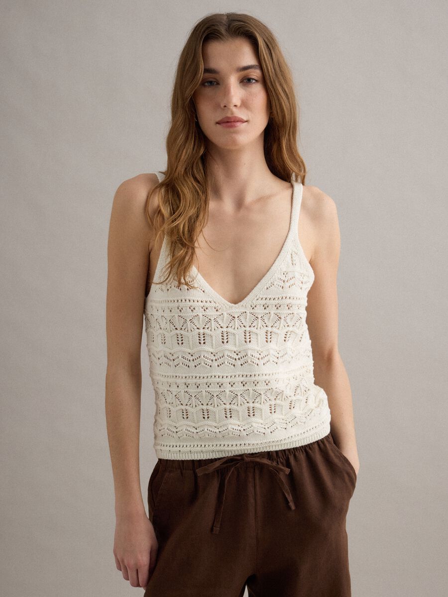 Wei&szlig;es Regular-Fit-Top aus reiner Baumwolle mit Strickstruktur_1