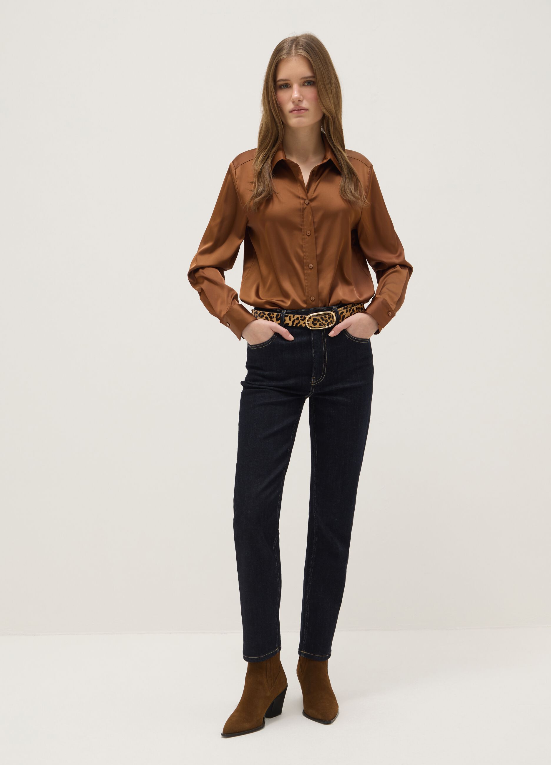Brown Satin Regular Fit Shirt