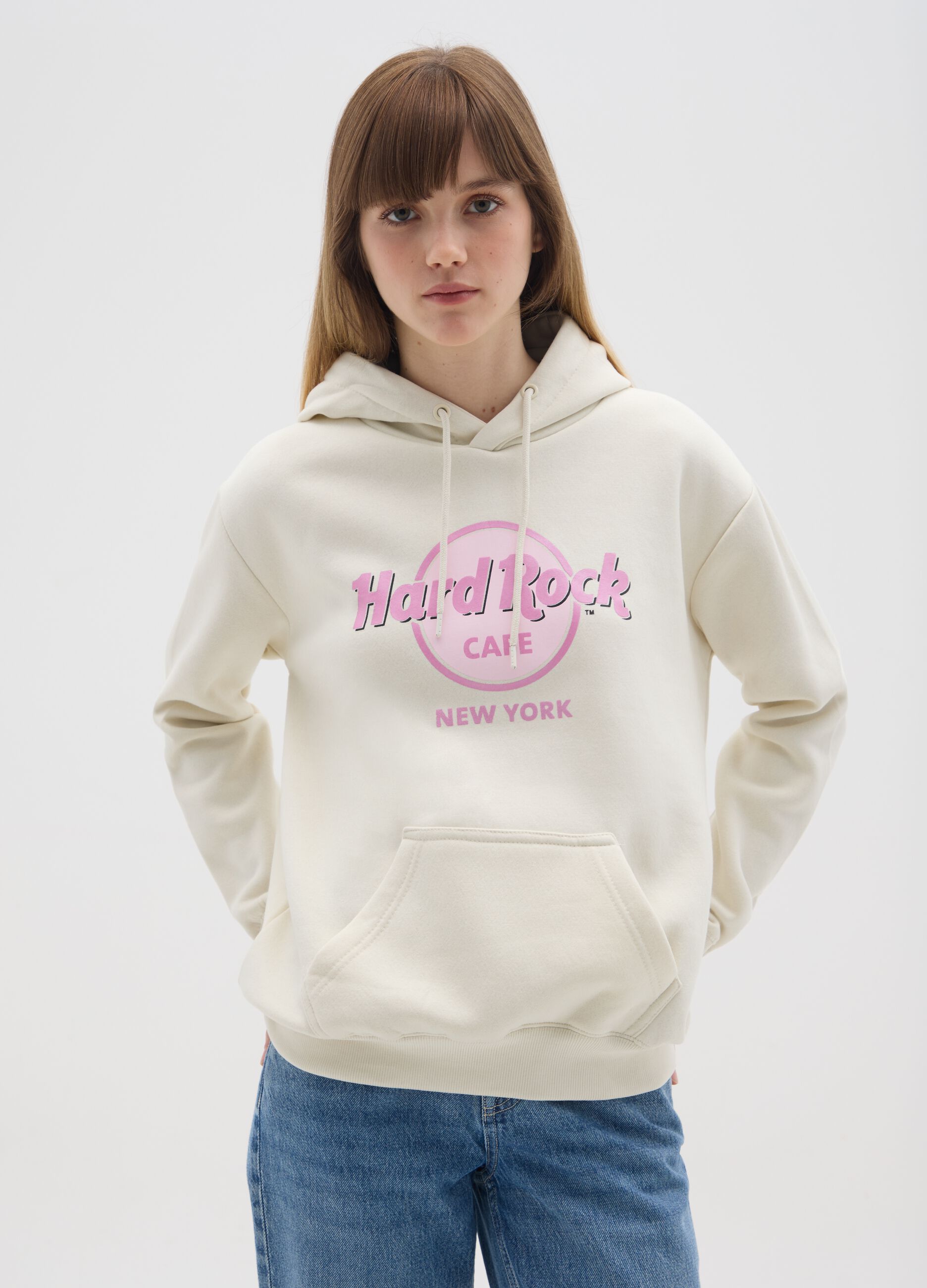 Beige Kapuzenpullover aus Baumwollmischung mit Hard Rock Cafe-Logo