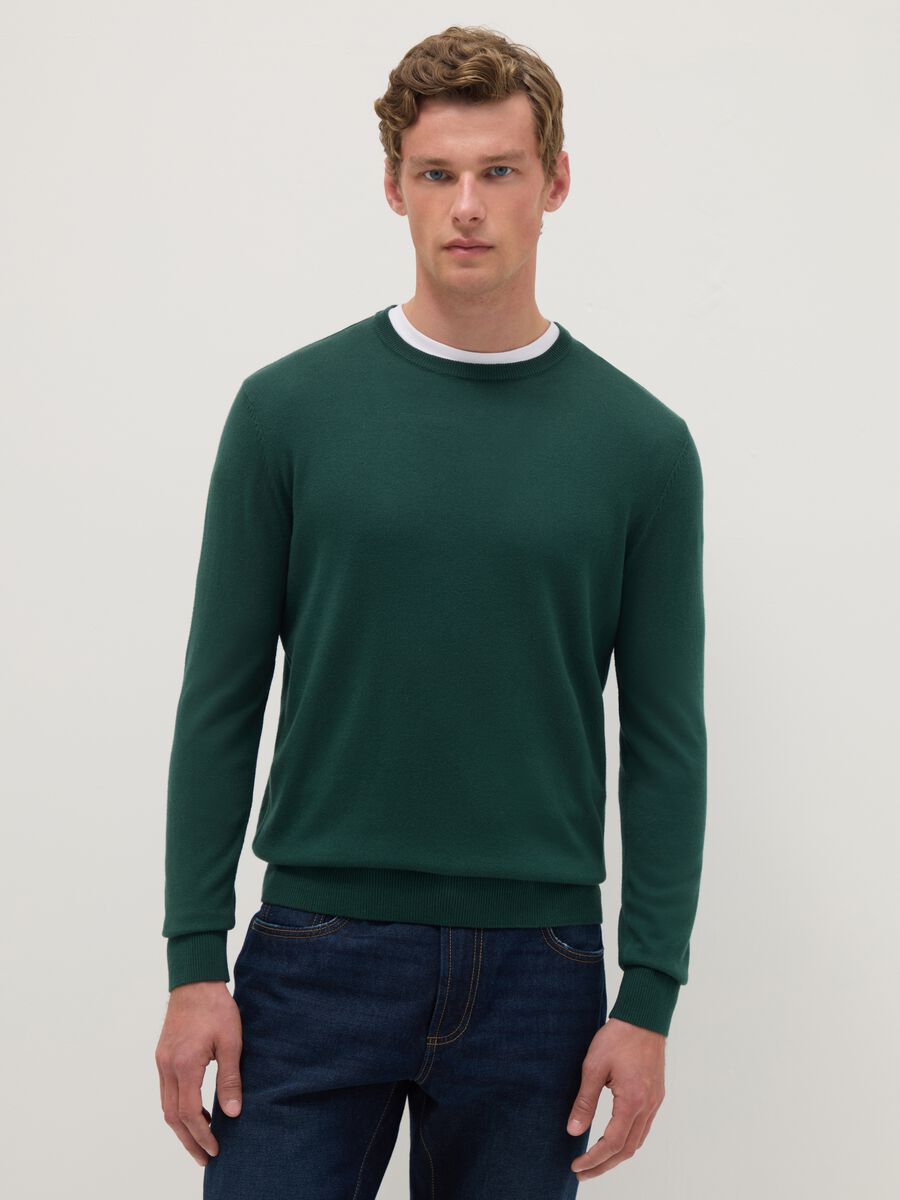 Green crewneck cotton blend pullover with regular fit_0