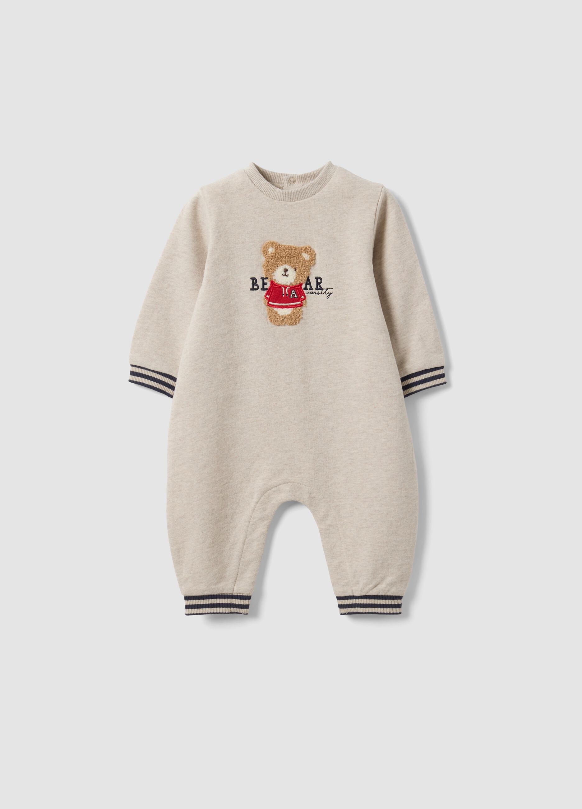 Beige organic cotton babygrow with teddy bear print for newborn