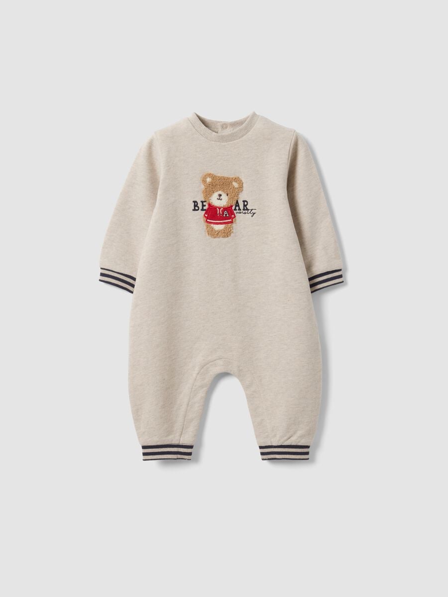 Beige organic cotton babygrow with teddy bear print for newborn_0