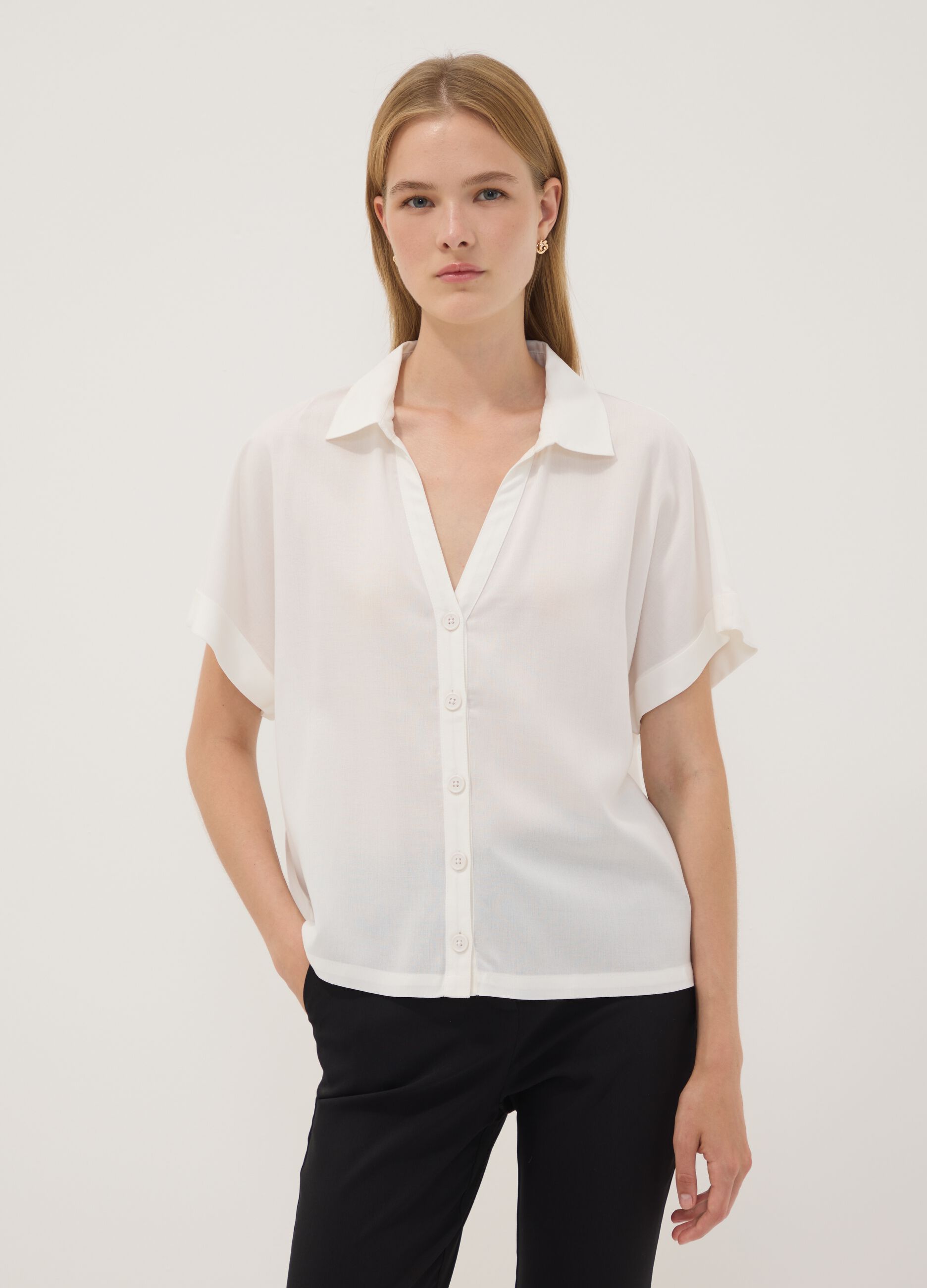 White pure viscose short-sleeve oversized shirt