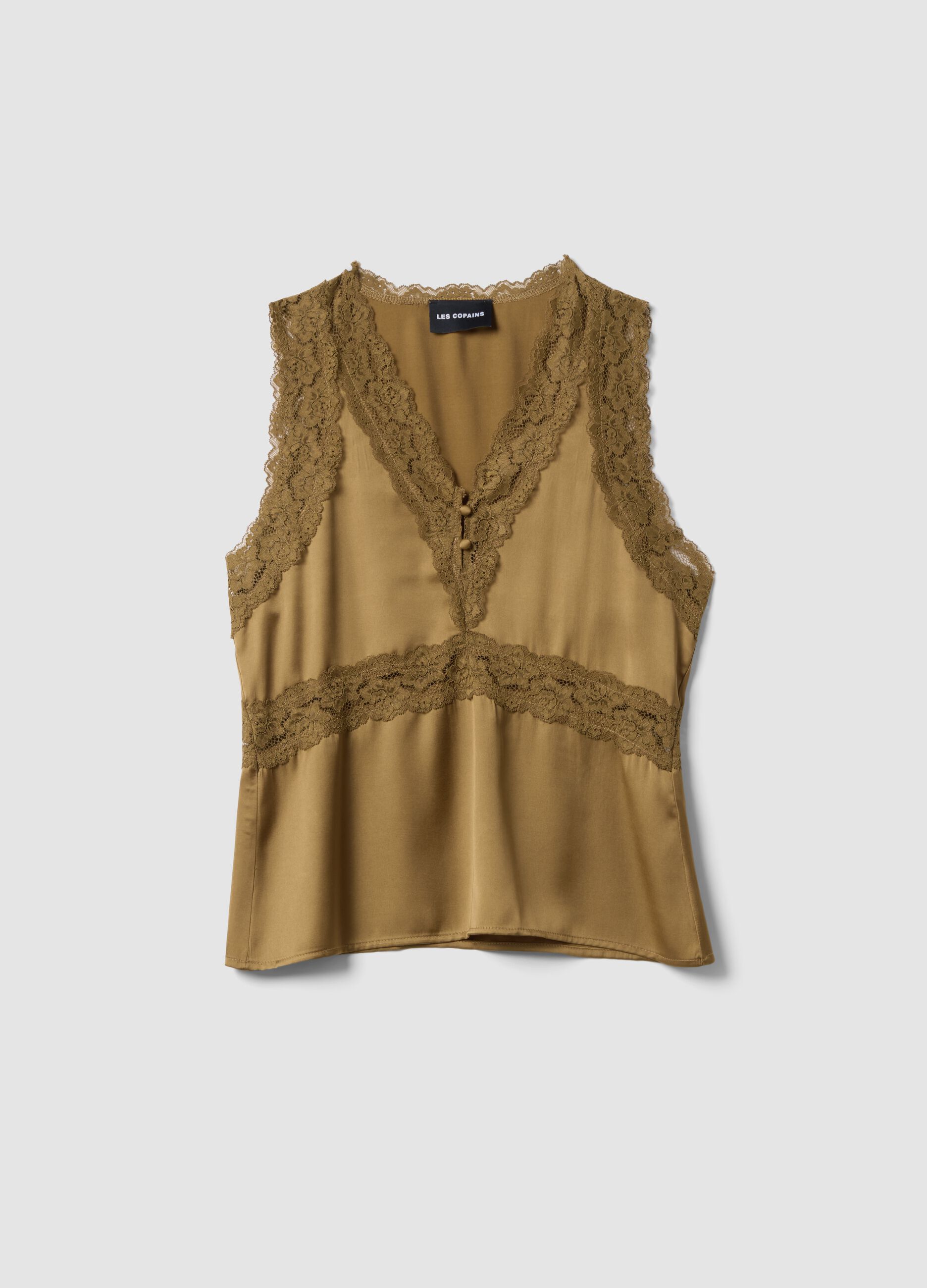 Brown viscose-blend lace top