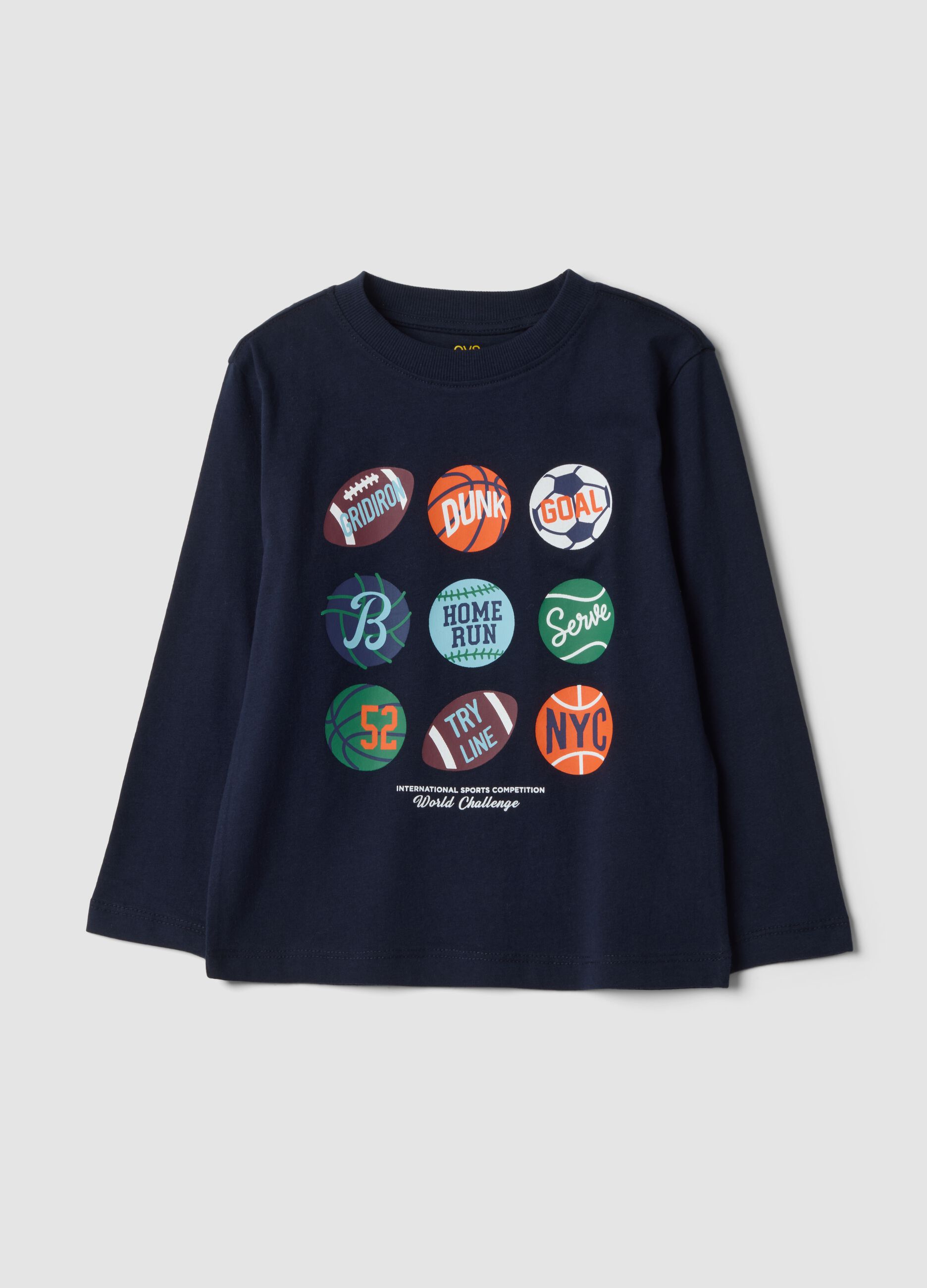 T-shirt blu in puro cotone organico con stampa college