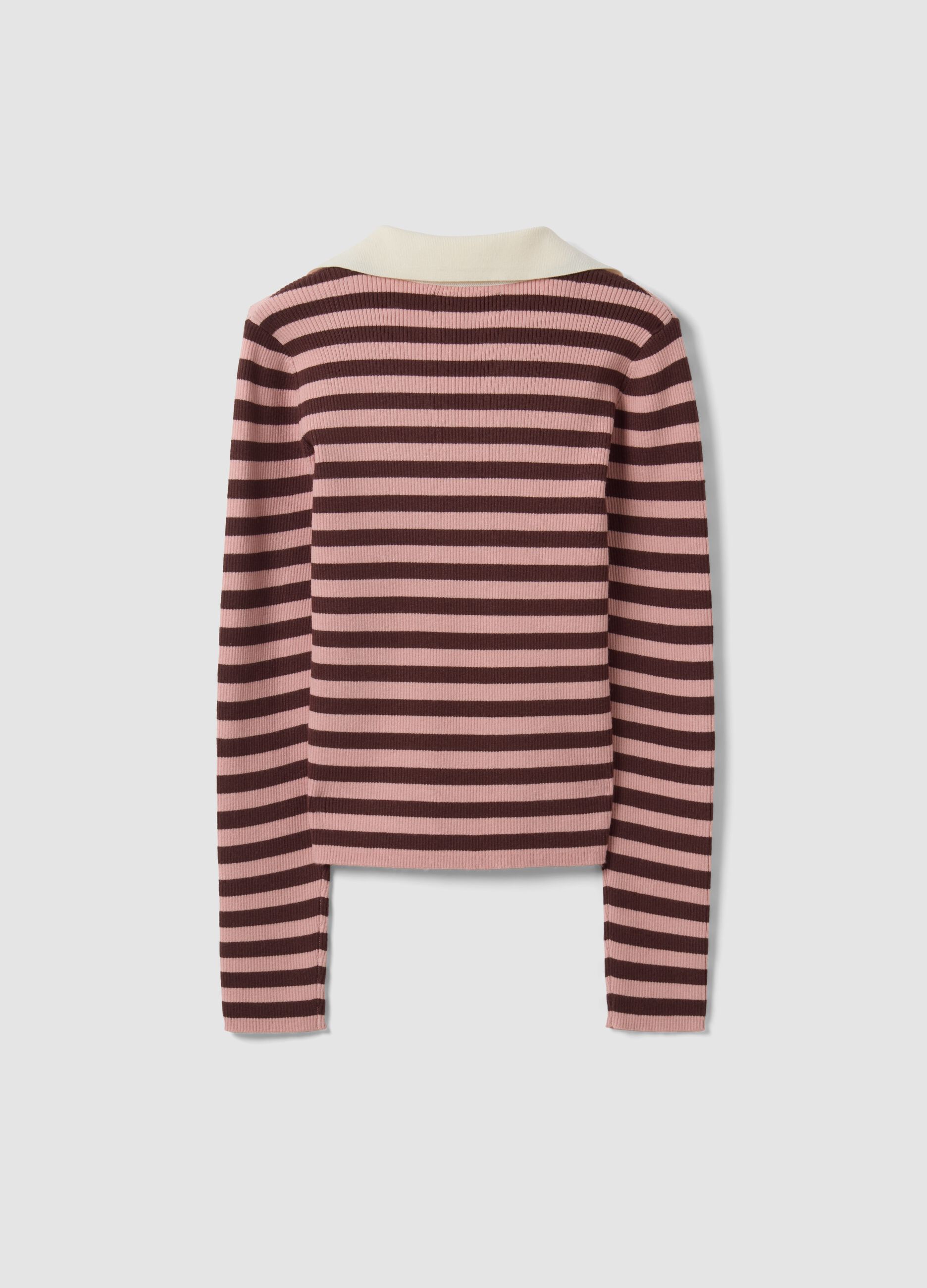 Multicolour striped viscose-blend fitted polo-collar knit top