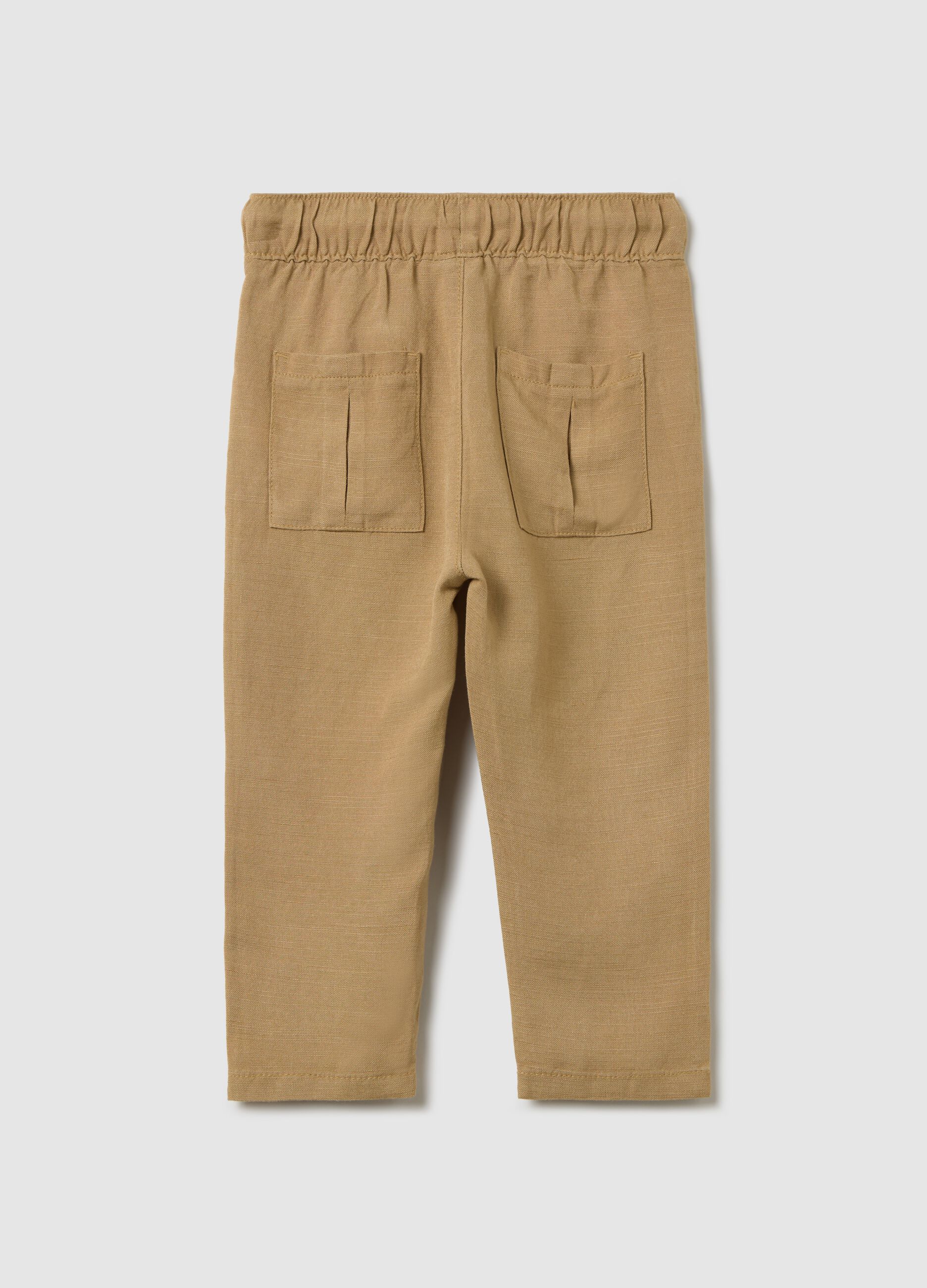 Beige trousers in linen and viscose with drawstring