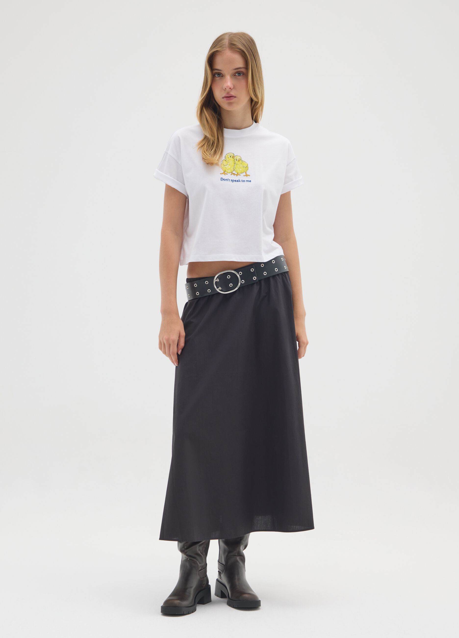 White pure cotton regular fit t-shirt with chicks