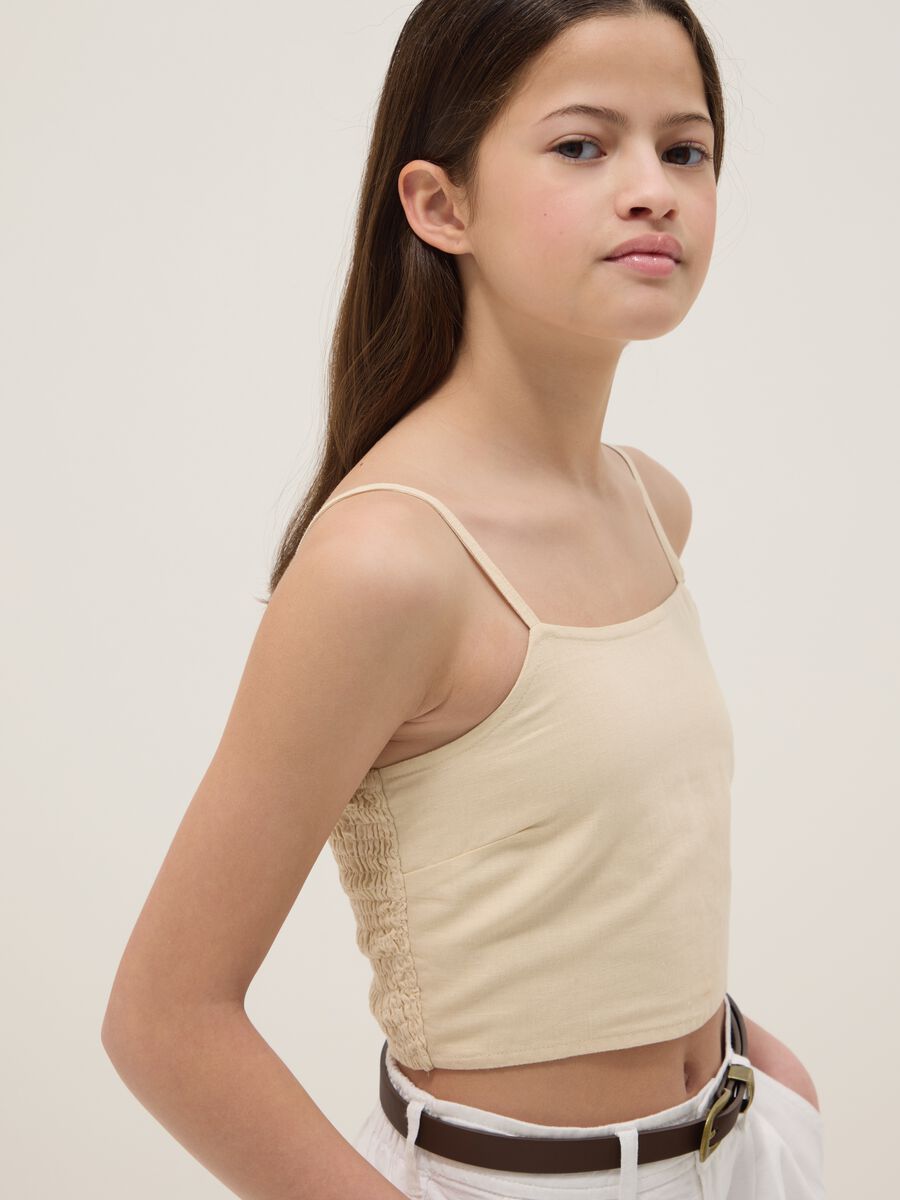 Girls' slim fit beige short top in linen and cotton blend_0