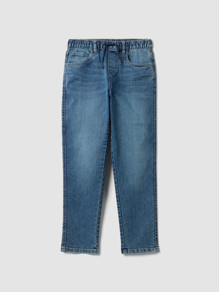Blue stretch cotton jeans with elasticated waist for boys_0