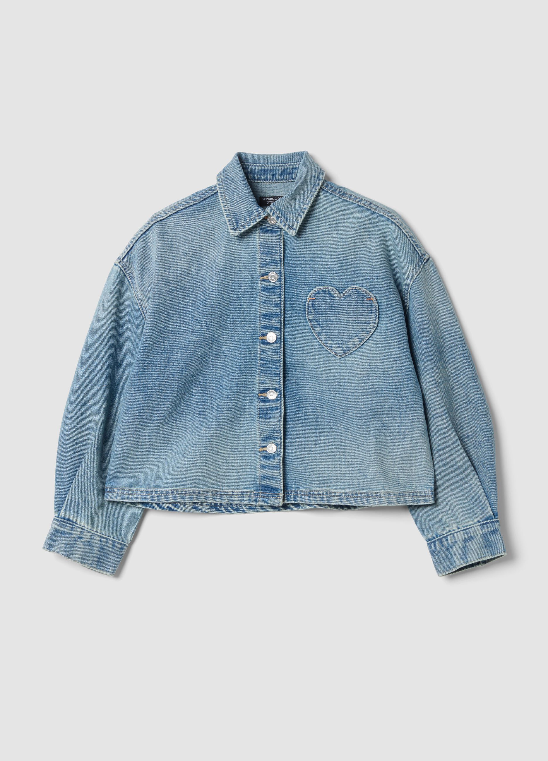 Blue cotton-viscose blend denim shirt with heart pocket, regular fit