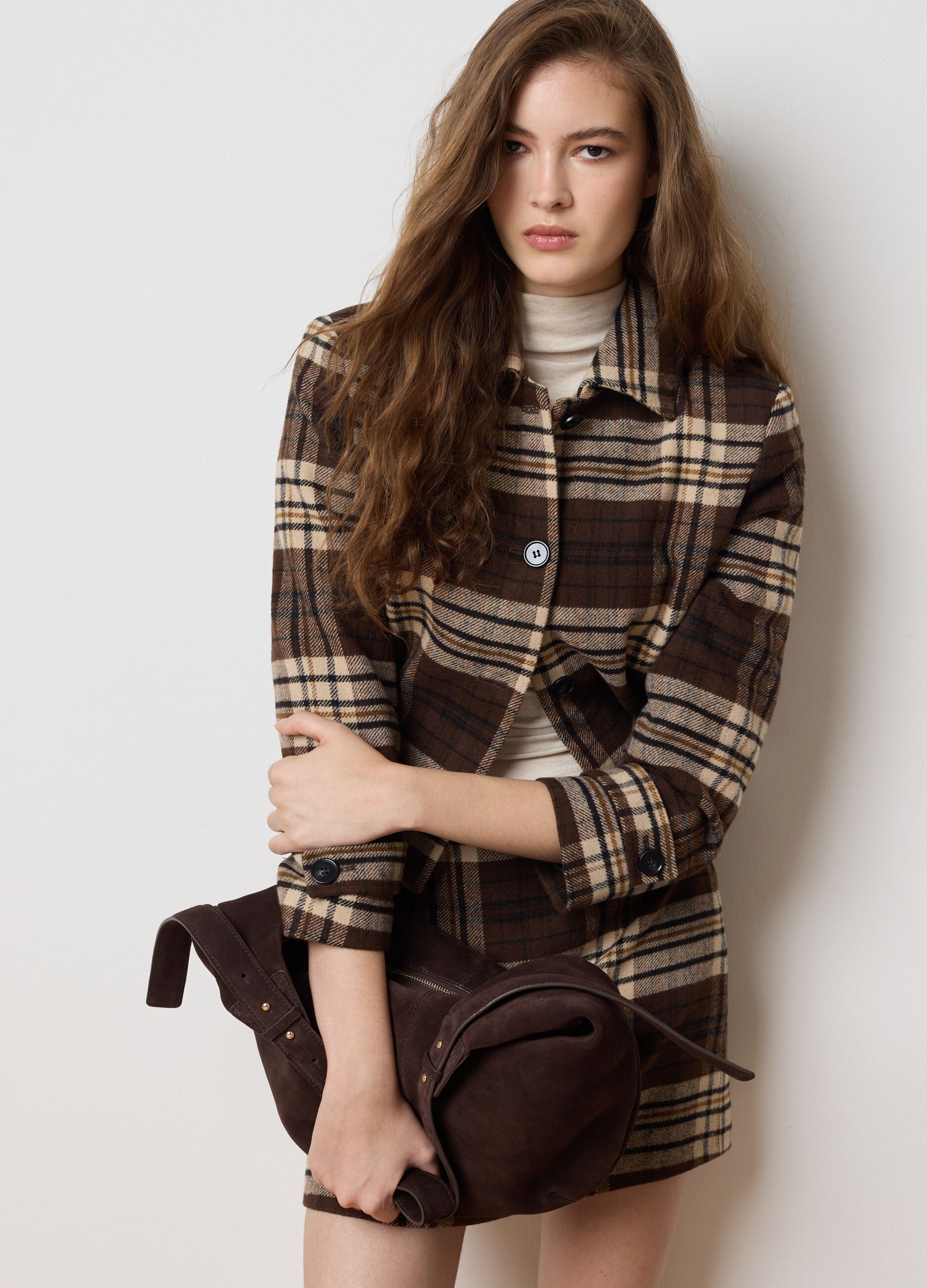Plaid-effect brown tweed blazer
