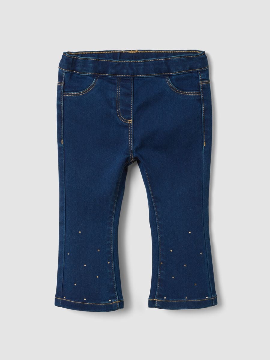 Jeggings blu in cotone elasticizzato flare fit con brillantini per bimba_0