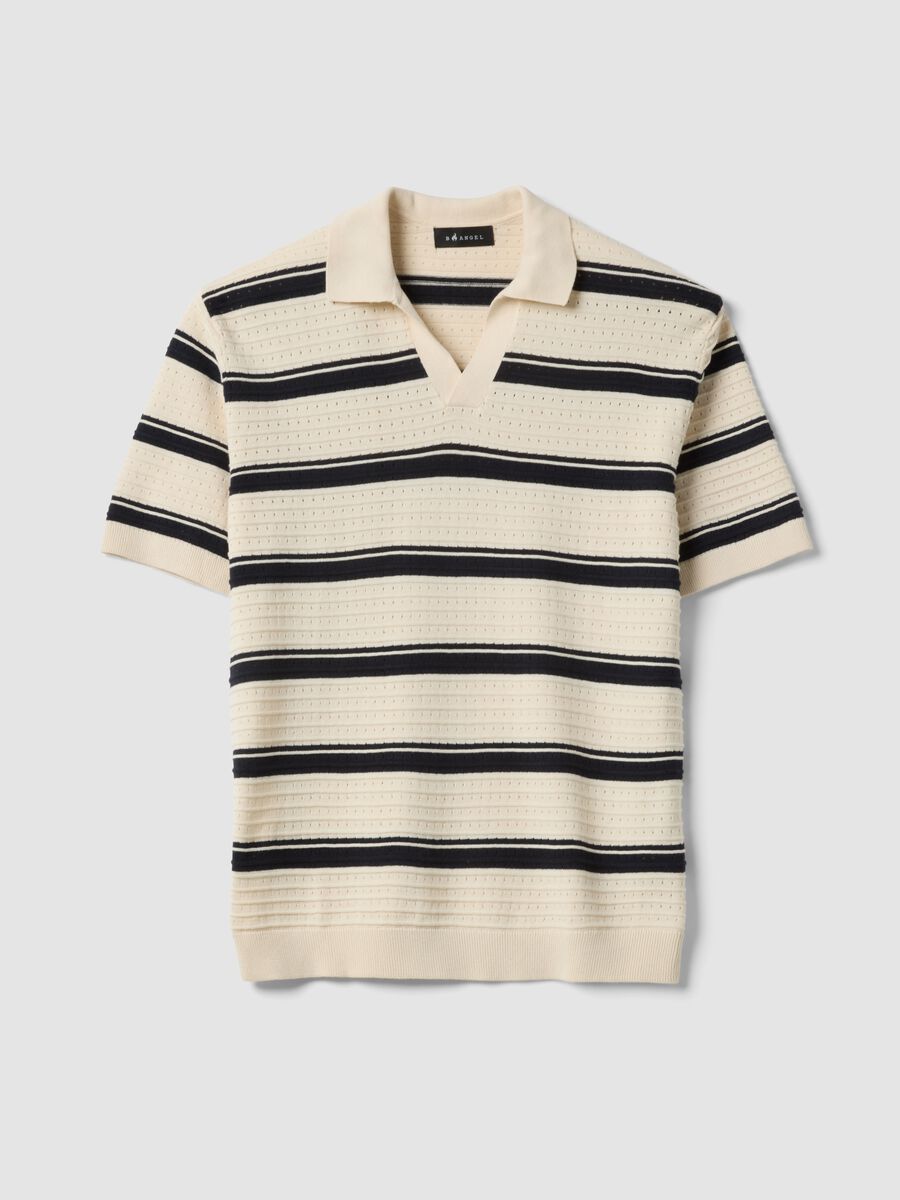 Beige gestreiftes Poloshirt aus reiner Baumwolle mit klassischem Kragen, Oversize-Fit_4