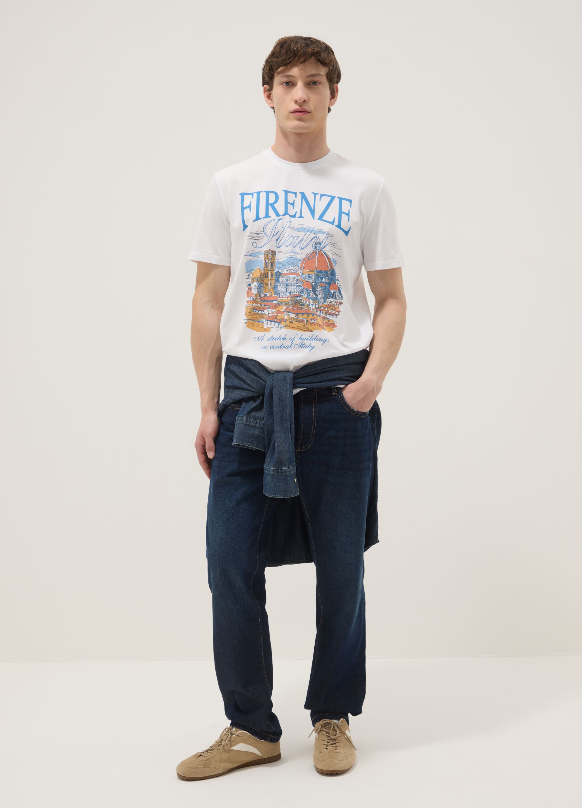 Wei&szlig;es T-Shirt aus reiner Baumwolle mit Frontprint, Regular Fit