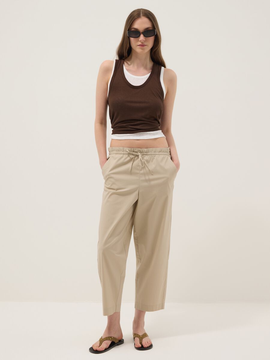 Beige stretch-cotton trousers with elasticated waistband_0