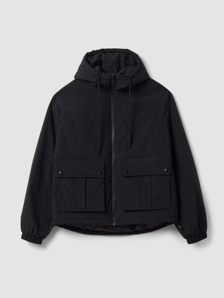 Black padded hooded jacket with zip, oversized fit_0