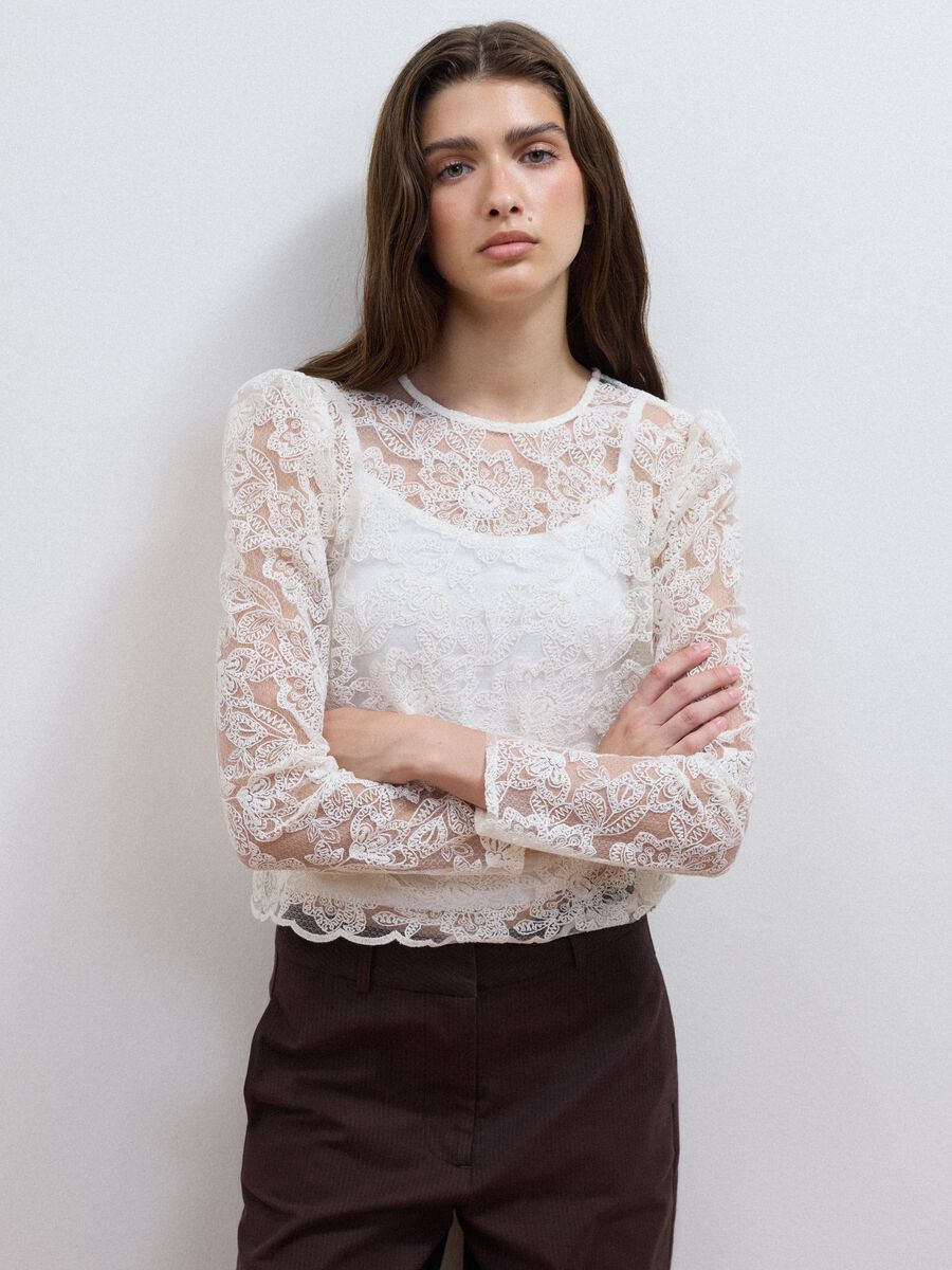 Blusa bianca in misto cotone con pizzo floreale slim fit_0