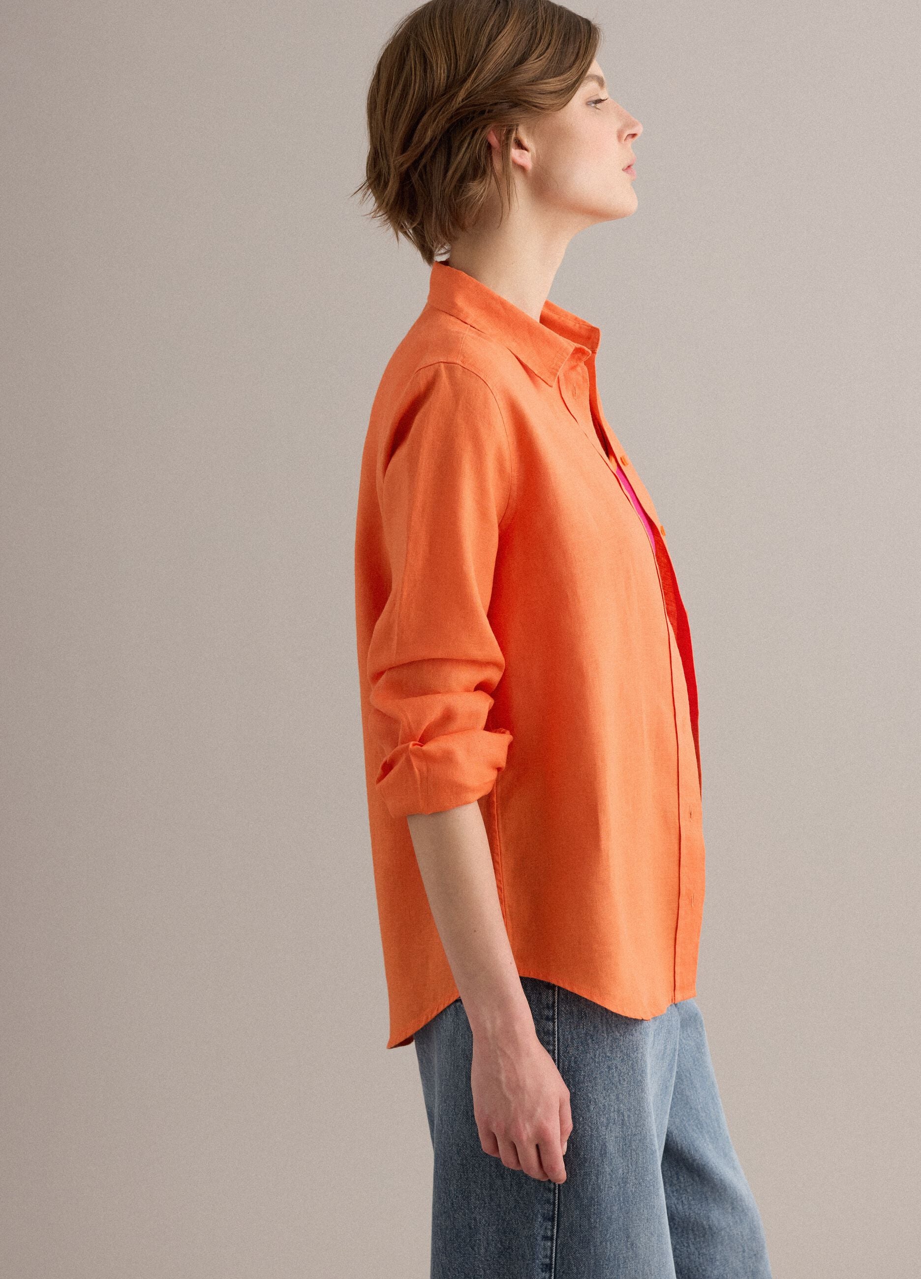 Orange pure linen regular fit shirt