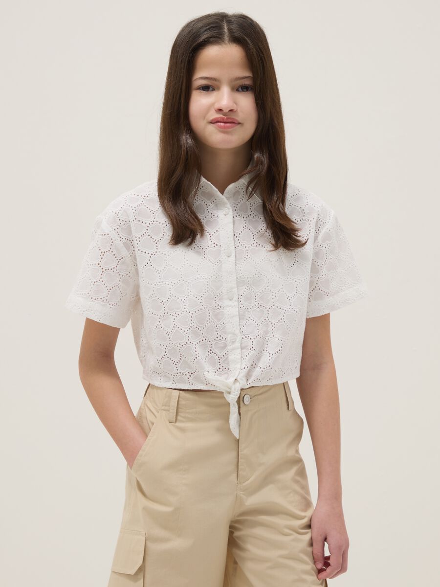 Girls&rsquo; white pure cotton regular-fit shirt with heart cutwork_0
