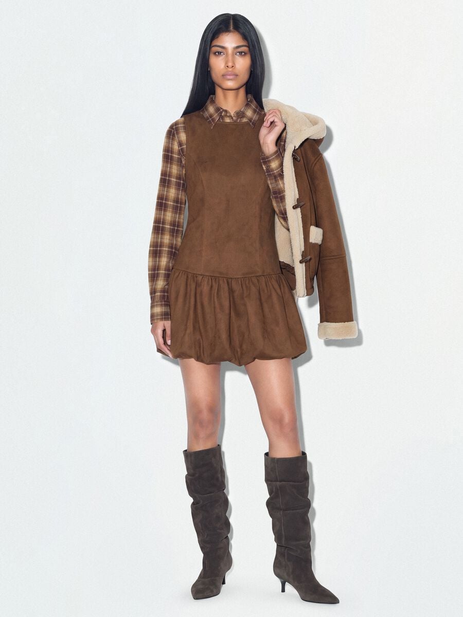 Brown stretch fabric fitted crew-neck dress_0