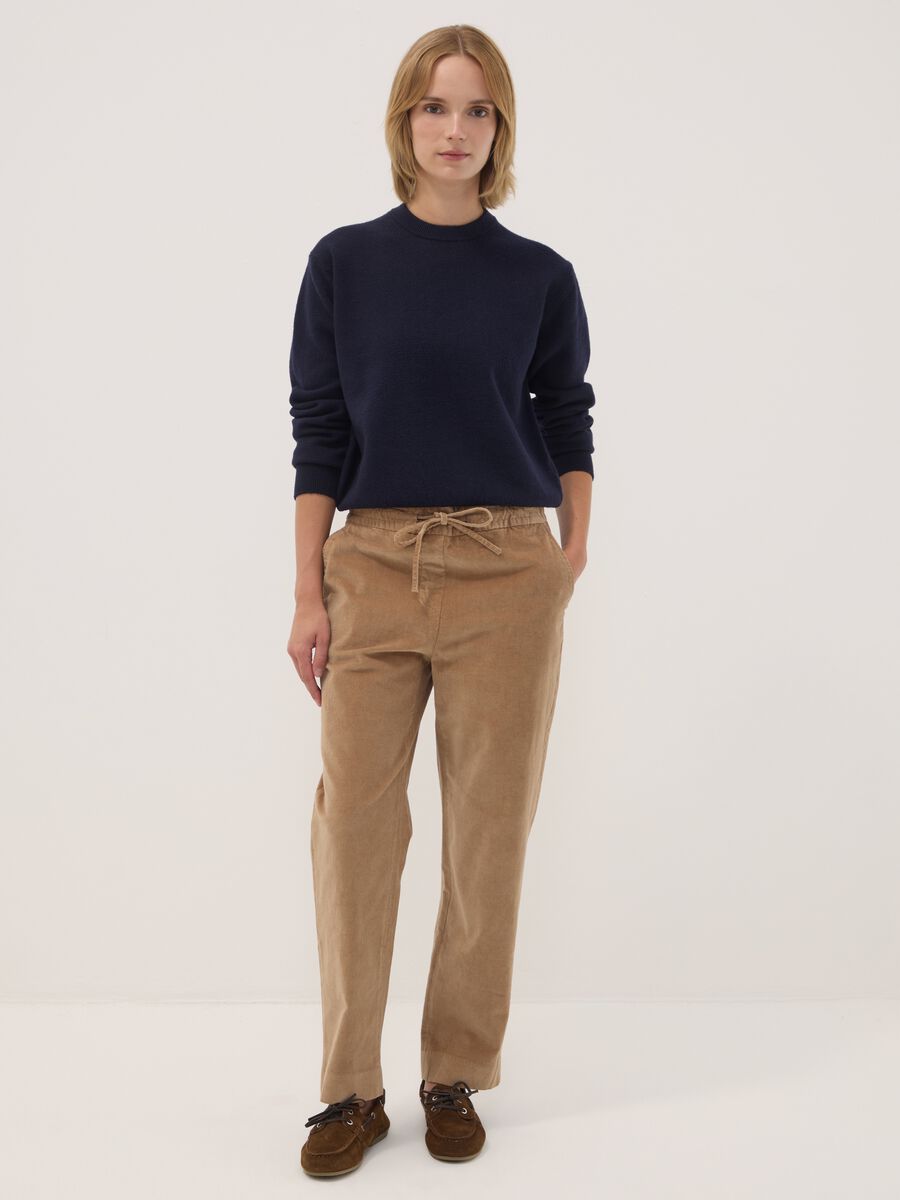 Beige gerippte Hose aus elastischer Baumwolle mit elastischem Bund_0