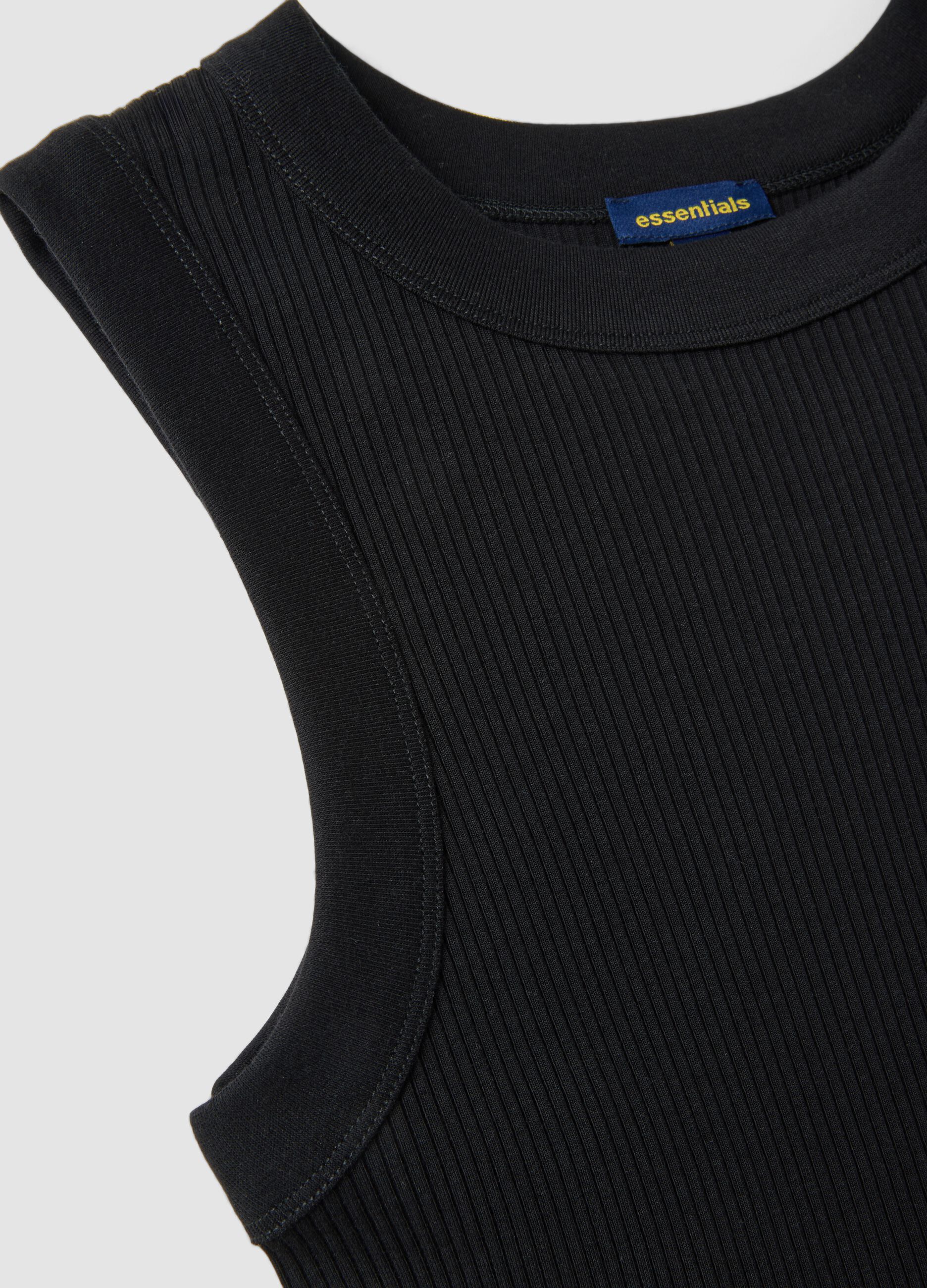 Tank top nero in cotone elasticizzato a costine fitted