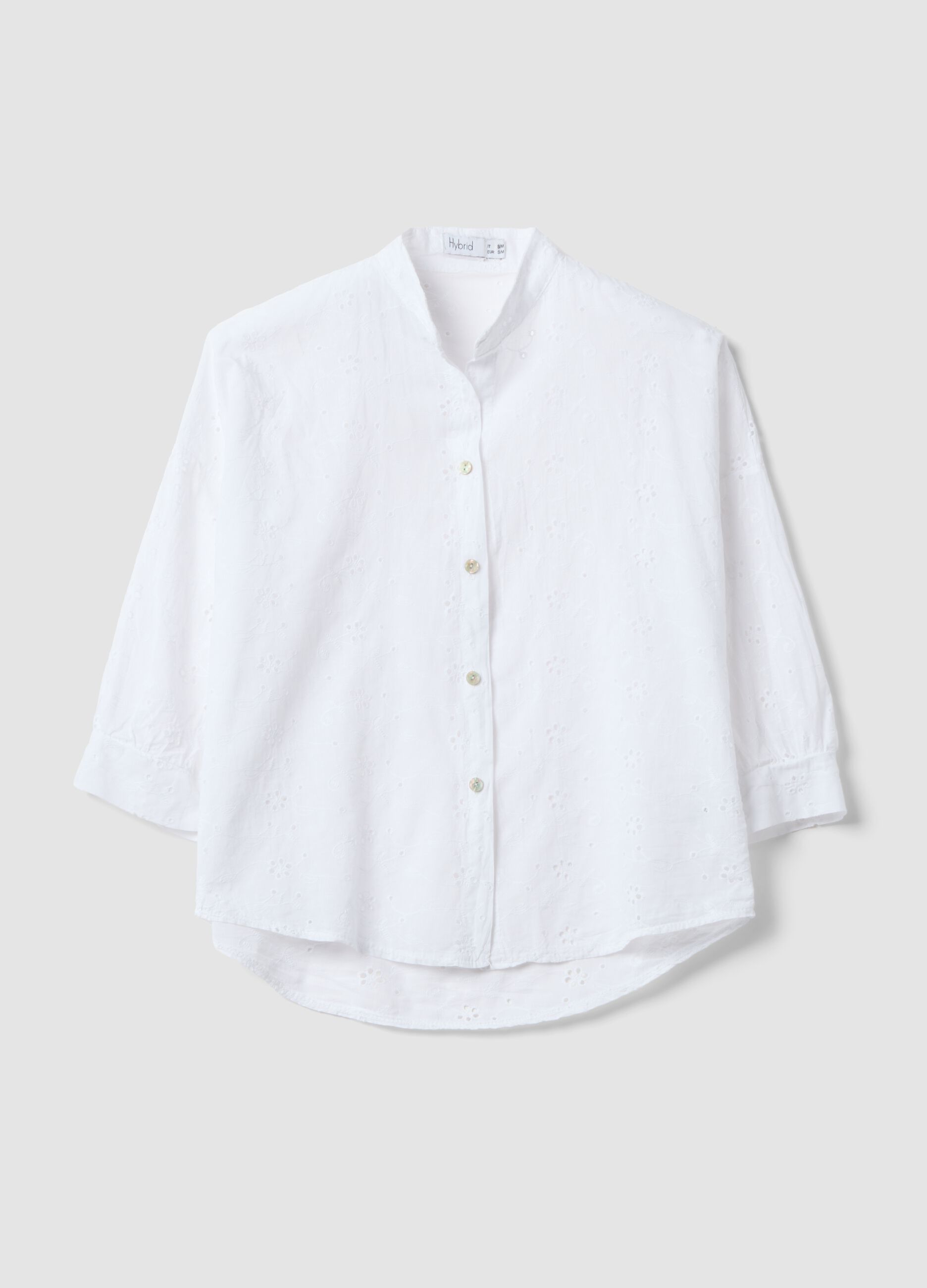 White broderie anglaise pure cotton shirt with Mandarin collar, regular fit