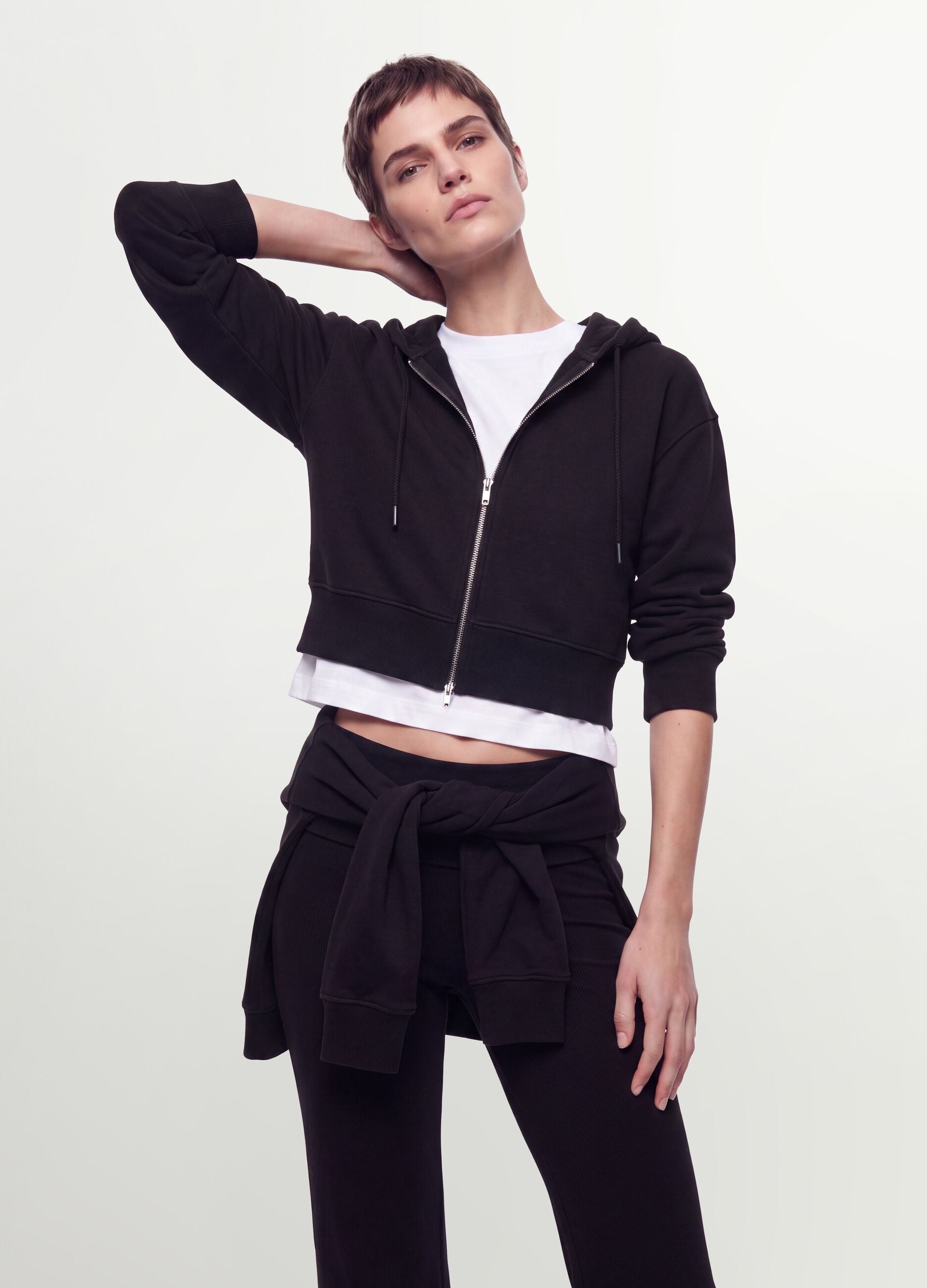 Black cotton-blend full-zip fitted hoodie