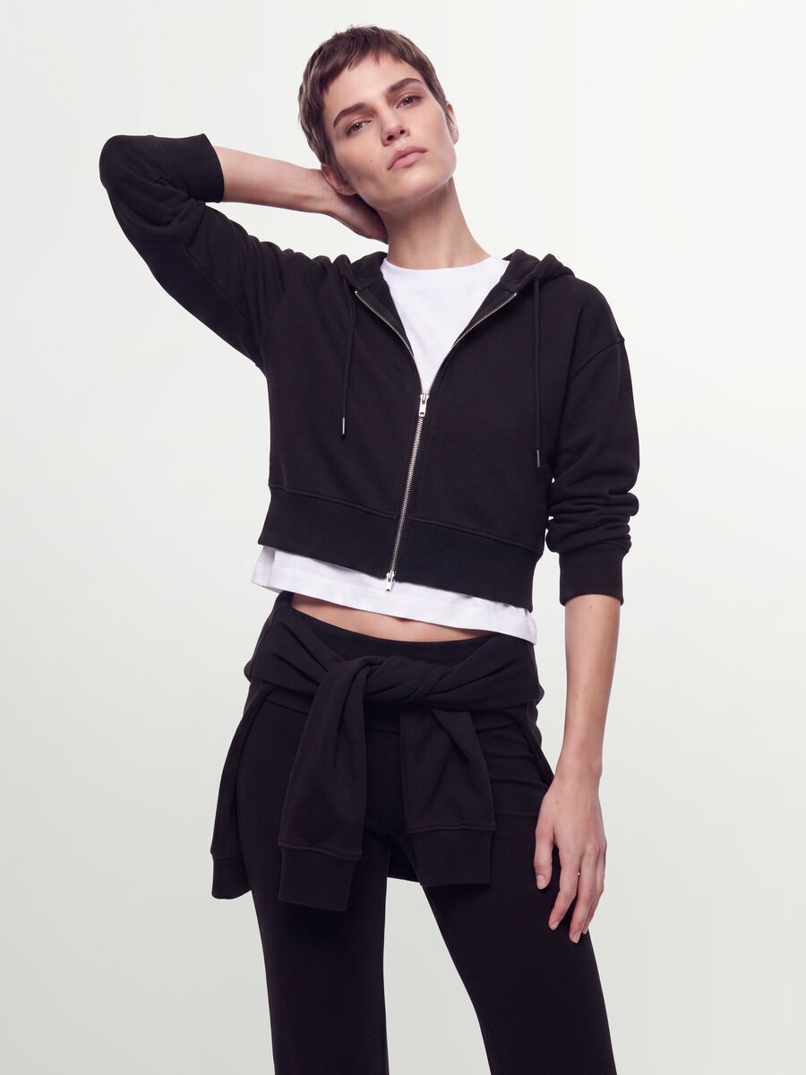 Black cotton-blend full-zip fitted hoodie_0