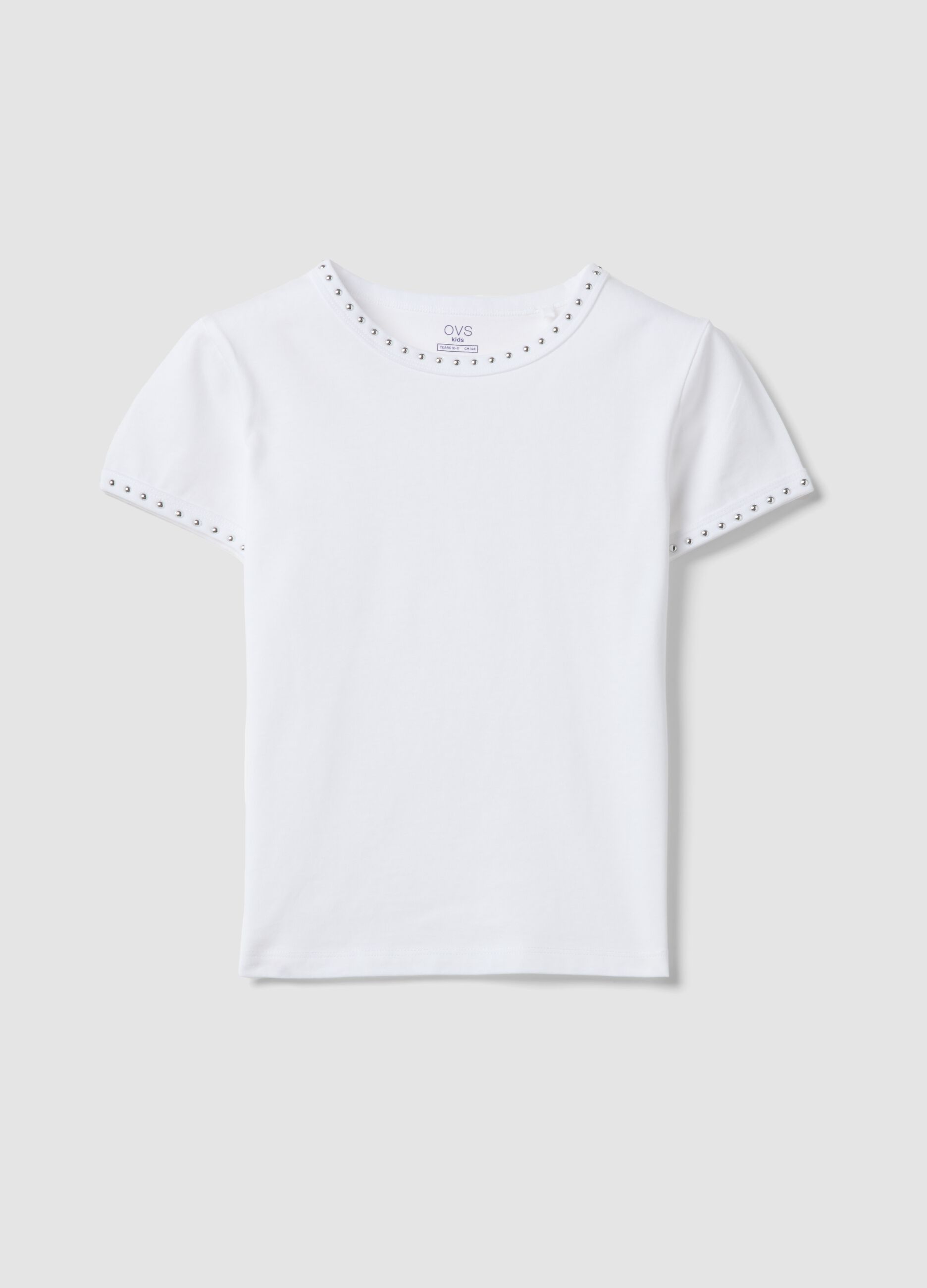 Girls&rsquo; white pure cotton slim-fit T-shirt with rhinestones